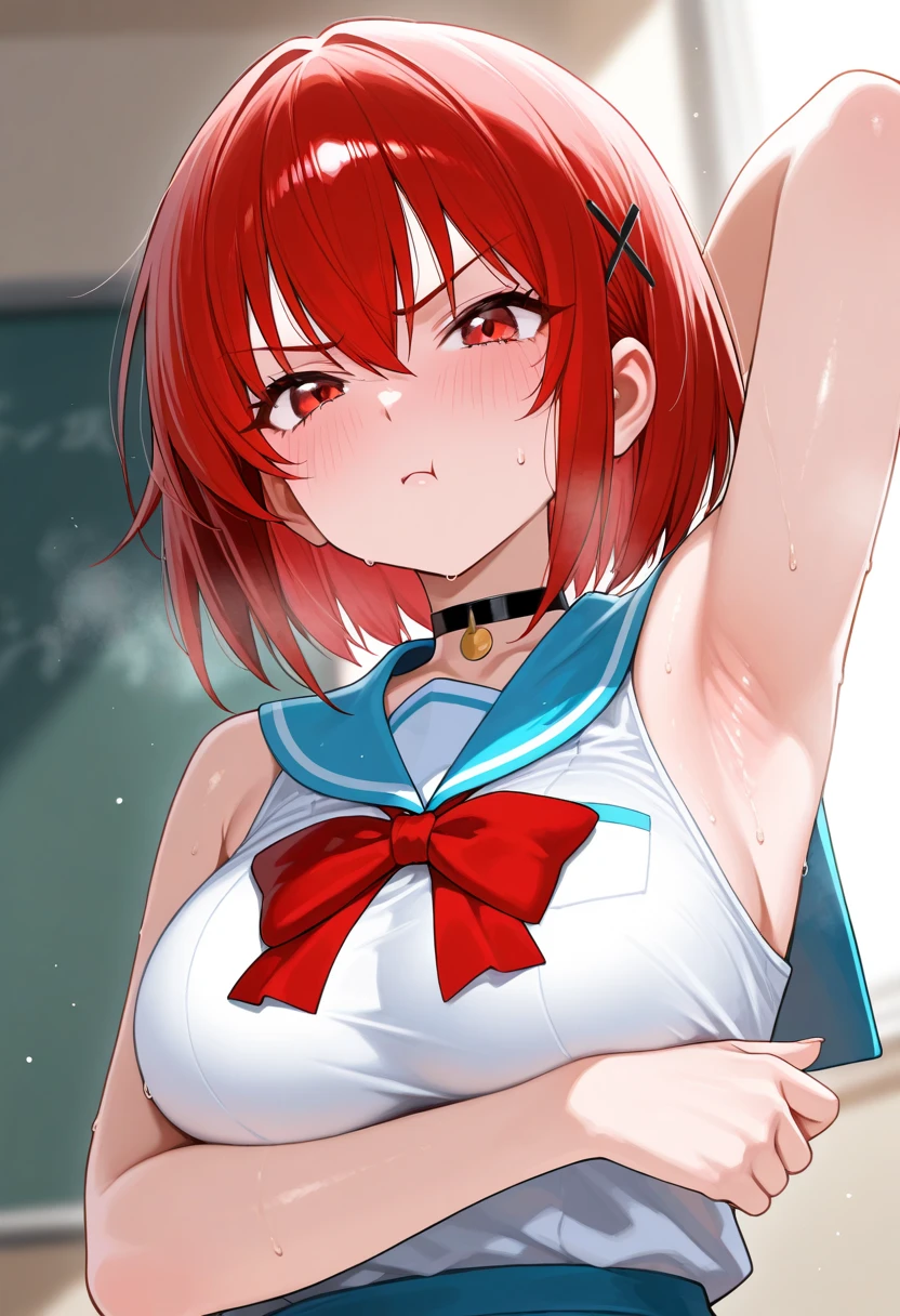 score_9, score_8_up, score_7_up, source_anime, sakimiya iruka, red hair, green eyes, one side up, medium hair, green scrunchie, hair ornament, shiny skin, rating_explicit, large breasts, large ass, pole dance,(micro pussy cover:1.3), (micro nipples cover:1.2),(heart pasties:1.2), (pussy peak:1.2),(nipples peak), (cameltoe),(embarrassed, tearful), (tears),(sweat:1.2),(steam on body, heavy breathing),(motion lines, motion blur),dynamic pose, (from above:1.5), on stage