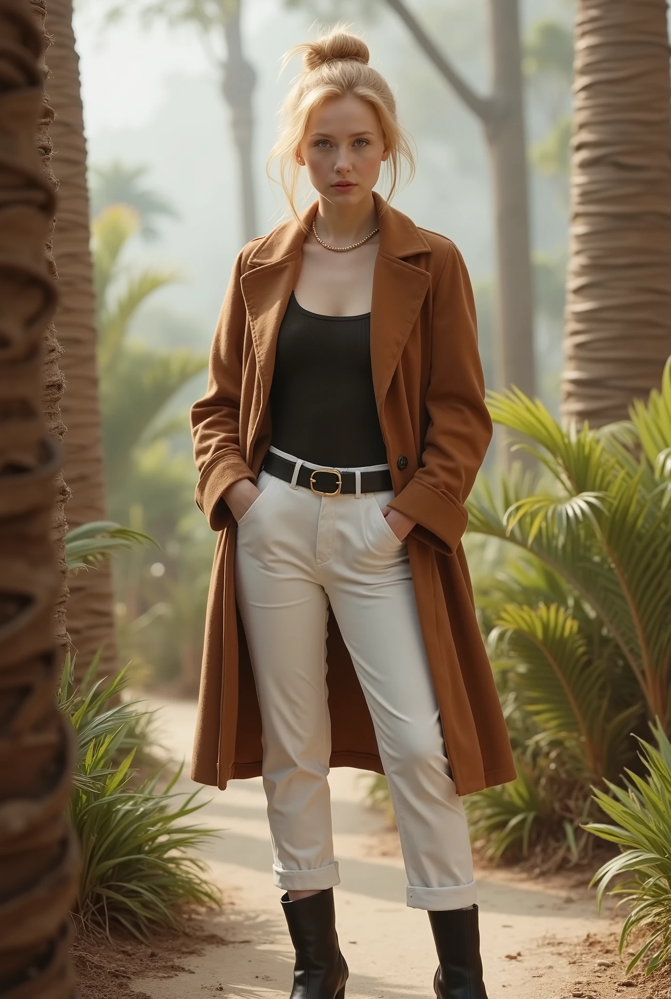 Retrato real + airbrush, woman about 25 years old , ombré blond hair tied in a messy bun , & pretty pink lips . she wore a brown cashmere coat and white pants, besides black boots, in an exotic setting, while posing standing,