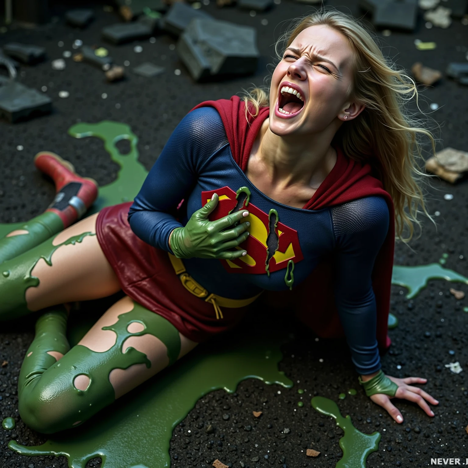 (((De primerísimo primer plano una hermosa mujer de rodillas yelling))),(((Long blonde hair tied up in a braided ponytail))),(((Hair six feet long)))Charlize Theron under the mantle of the Kryptonian Kara zor-El alias Supergirl))),(((On knees gritando de dolor))),(((Blue leather suit with tiny scales on the suit))),(((Red skirt Supergirl emblem on her costume))),(((Silver metal bracelets on their wrists))),(((Long red boots up to her knees))),(((On knees (((yelling))) mortally wounded (((Blood on his chest))),(((Green flourescent kryptonite on the wound))),(((Blood around skulls in cemetery))),(((Green flourescent magic running through all the veins of his body))),(((yelling de dolor))),(((Green flourescent magic around his entire body))),(((hair dragging on the floor)))