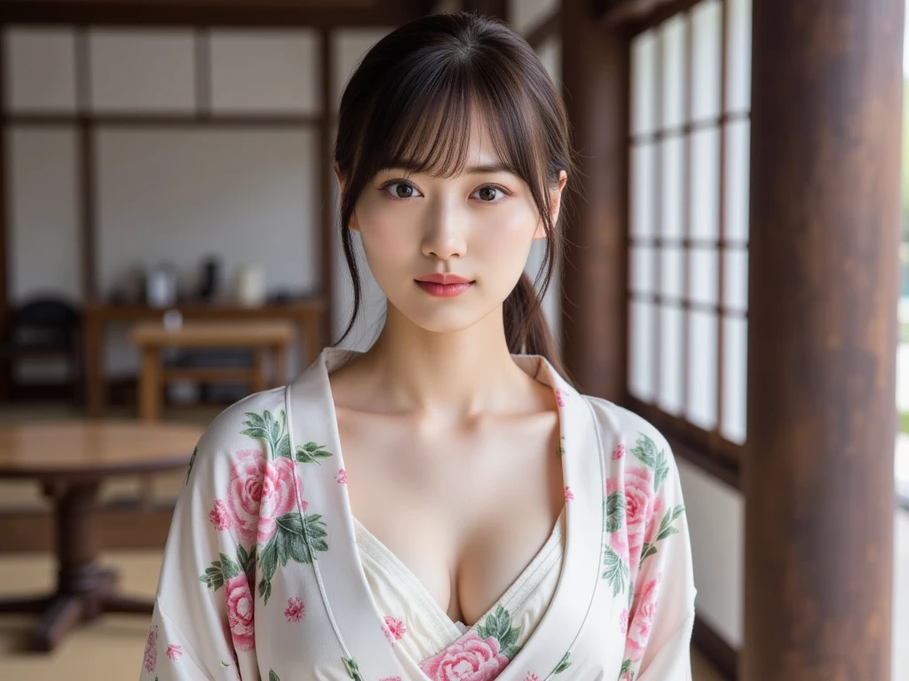 (Photorealsitic:1.4), (Top image quality:1.0), (超A high resolution:1.0), 8K, Raw photography, (masterpiece:0.2), (pureerosface_v1:0.5)、(Best Quality Detail:1.2)、realisitic、8K UHD、hight resolution、(1girl in:1.2)、The ultra-detailliert、High quality textures、intricate detailes、detaileds、Very detailed CG、High quality shadows、Detail Beautiful delicate face、Detail Beautiful delicate eyes、depth of fields、Ray traching,1girl in, large full breasts、japanaese girl, Cute, slender, Kimono with Japanese pattern,Floral scrunchie, Beautiful skin, Facing the front,Sit down, Sit upright and say thank you,Align your hands elegantly,Smile faintly The Land of Japan,Japanese garden,Luxury Japanese-style room, skyporn, Magic Hour, (Realistic:1.3), Finely detailed, quality, (masutepiece:1.2), (Photorealistic:1.2), (Best Quality), (Intricate details), Dramatic, Ray tracing, photograph, +Lola