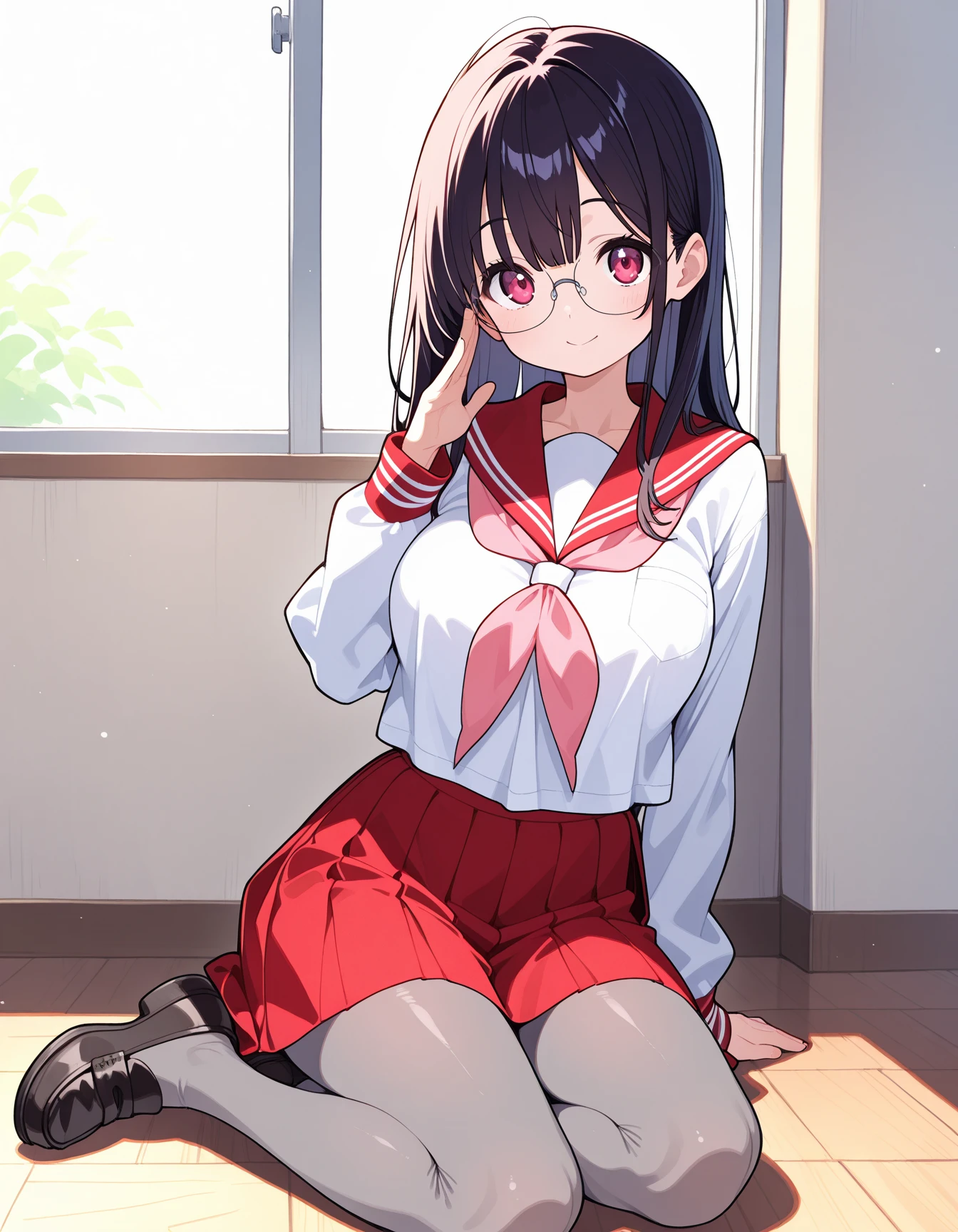 1 girl black hair red eyes in a navy sailor  with stockings with glasses with decorations in her red hair sitting in an armchair in a room with red tennis shoes with pink and black 