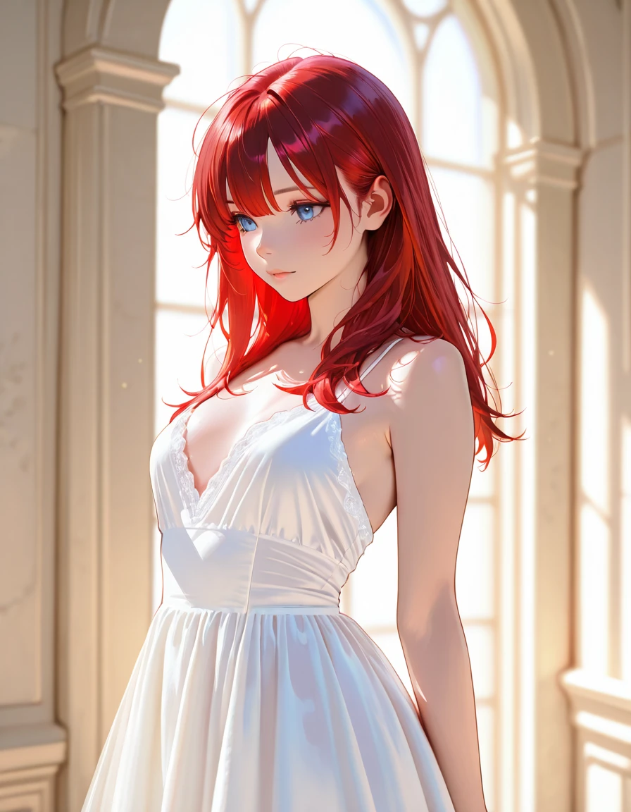 Masterpiece, solo, high detail, super detail, super high res, (photorealistic: 1.333), (highest quality), (best shadow), detailed, perfect lighting, 1girl, Perfect proportions, Perfect anatomy, Close-up of face, princess eyes, bright orange hair, shinny skin, thin and slender waist, missy hair, wide hips, portrait, in bedroom, black and white maid costume with garter belt, 18 years old, medium breasted, teary eyes, Bending forward, leaning forward, blushing, Looking into the viewer, on all fours