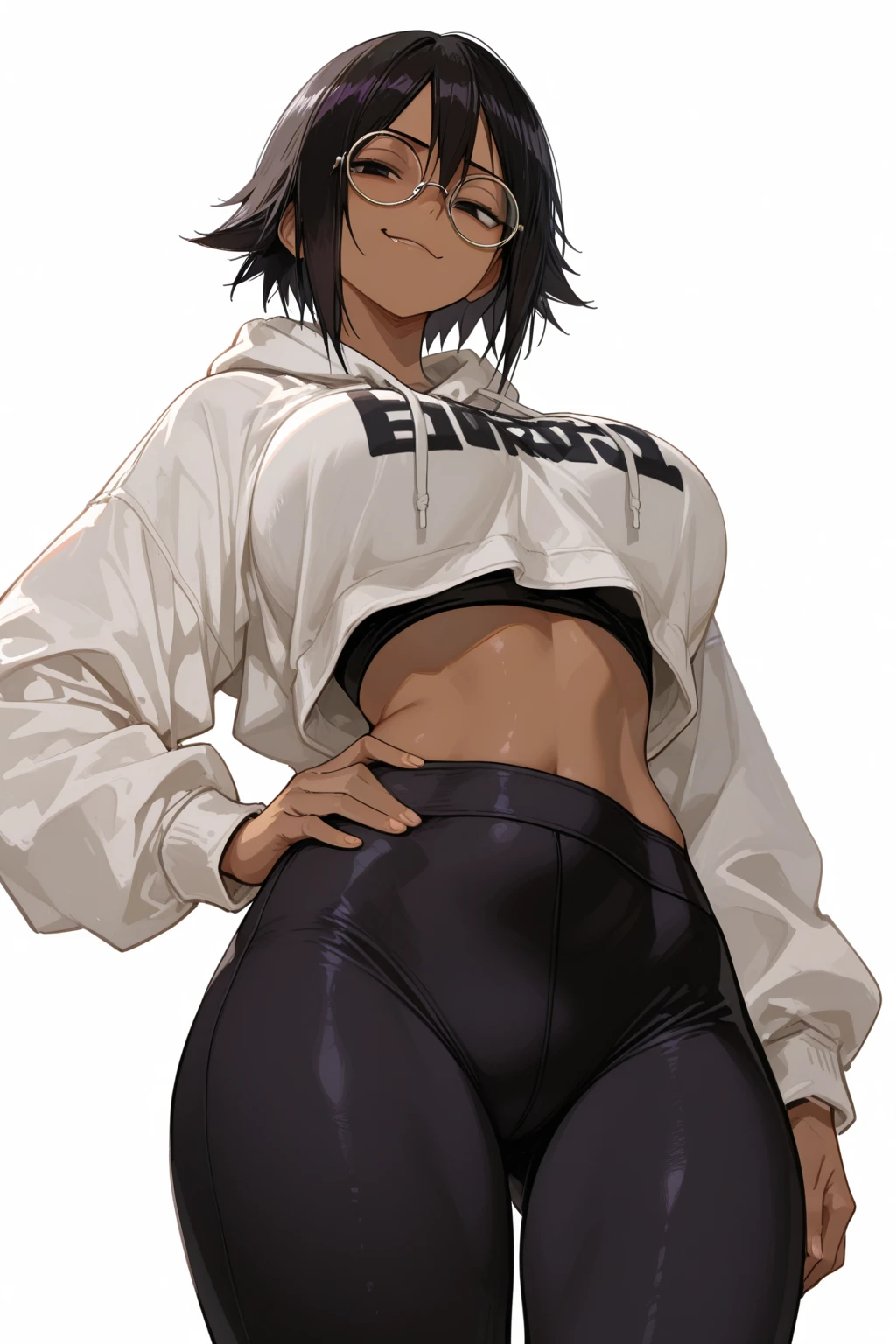 (extremely detailed CG unity 4k wallpaper),(masterpiece),(best quality),(ultra-detailed),(best illustration),(best shadow),(absurdres),(detailed background) femboy, cute, slim build, brown eyes, dark black skin, African-American, long curly black hair, Daisy dukes, supreme blouse, Jordan sneakers, gucci purse, thick thighs, big ass, flat chest, bulge, black eyeliner, gold color lipstick, Smile, wall with graffiti background, crouching pose,