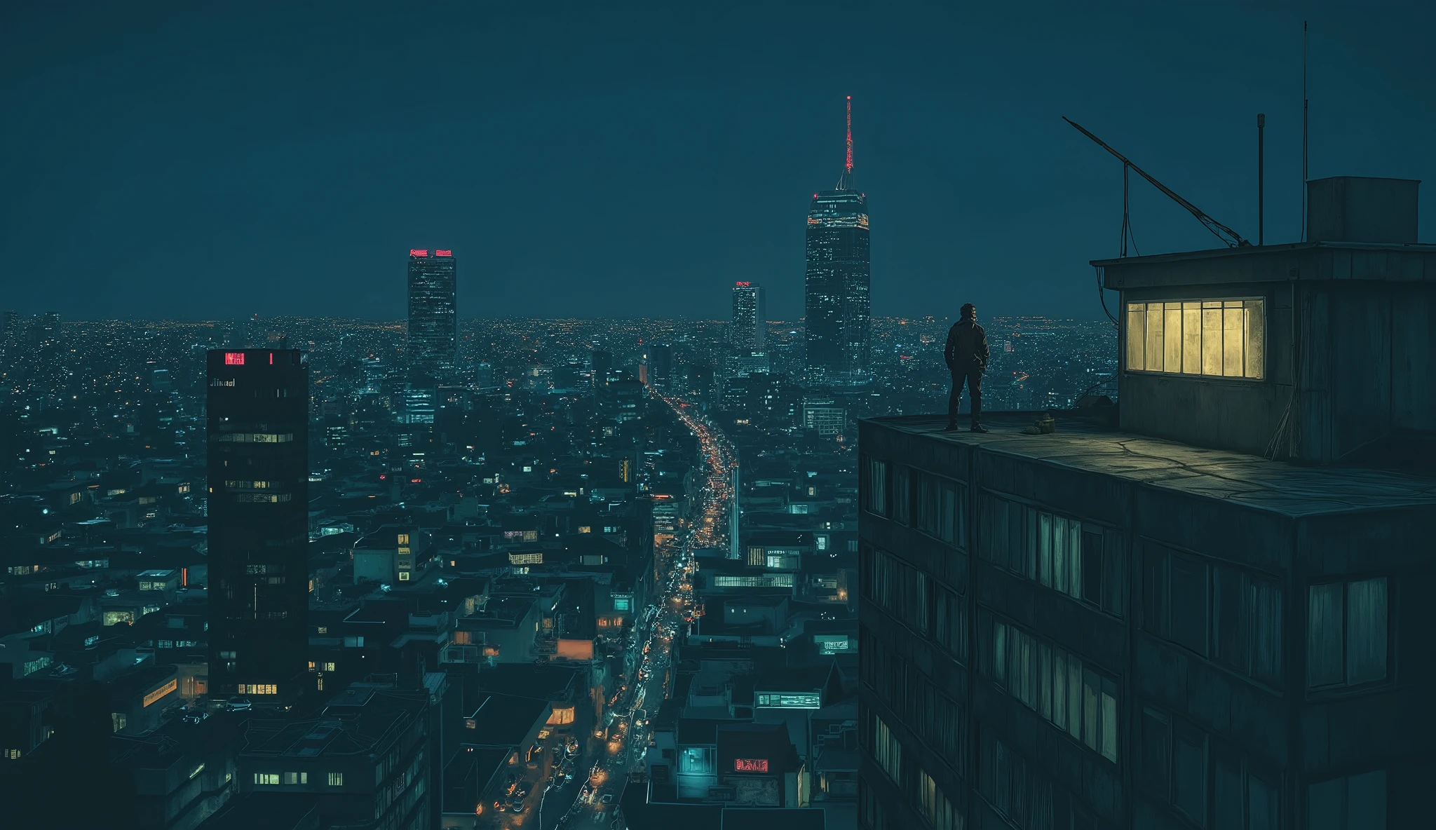 a digital painting of,in the style of simon-stalenhag,Drone shot. Wide-angle super telephoto lens. Photorealistic and detailed depictions inspired by the world of Katsuhiro Otomo's "AKIRA." Shot in a cinematic style using a wide-angle super telephoto lens. 8K. Realistic images immersed in a hyper-realistic, dark space. Realistic lighting reminiscent of '80s anime. Aerial shot of the rooftop of a skyscraper from afar. A cinematic depiction of the nightscape of Neo-Tokyo. A black silhouetted figure stands on the edge of a building like a movie hero. This photorealistic and highly detailed work is inspired by the aesthetic of Katsuhiro Otomo's "AKIRA" and is shot with a cinematic angle of view. A powerful angle of view.