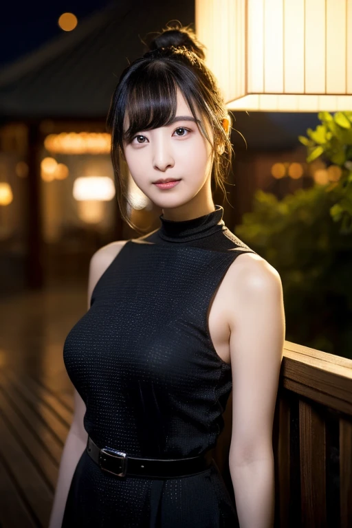 TokuiSora,black hair,medium hair,looking at the viewer,Are standing,((masterpiece)),((highest quality)),perfect anatomy,8k uh,highly detailed face,((1 girl)),((alone)),(detailed and beautiful eyes:1.5),perfect image,(Upper body:1.1),(look ahead:1.1),turn your arms behind your back,slim waist,(shiny hair),Super detailed,disorganized,((huge breasts)),(beautiful skin),(shiny skin),(shiny black dress),((deep cleavage)),indoor,smile,closed mouth,