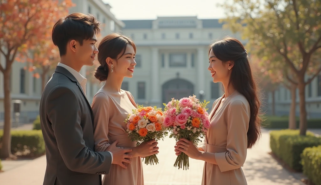 A handsome Thai groom and five Thai brides.,Laos,Japan,South Korea,Taiwan holding a rose, red, pink, white, high resolution, Masterpiece, best quality, long hair, black hair, brown hair, golden hair, blushing, excited, decorationsผม, decorations, ribbon, crown, blushing,