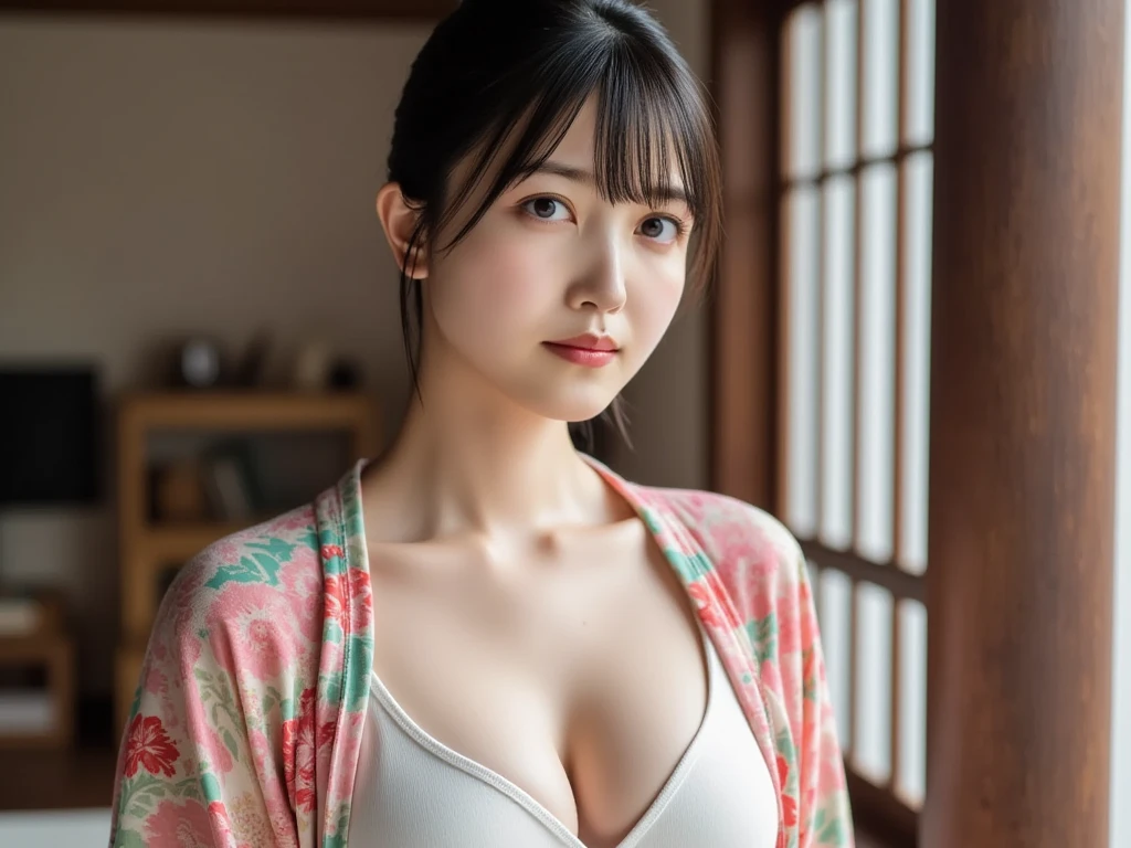 (1 nogizaka girl,raw photo,photo realistic:1.5),(best quality, high quality,HDR, highest quality,ultra high resolution,high resolution,high res,ultra high difinition,huge file size,8K,2K wallpaper,8K wallpaper,high quality texture,amazing,an extremely delicate:1.4),one girl, Japanese famous idol,beautiful face,small face,absurd,ridiculous,incredibly ridiculous,blurry background,(cleavage,no makeup:1.2),medium skin,beautiful skin,detailed skin,black hair,silky hair,(Japanese eyes:1.3),detailed eyes,black eyes,Japanese idol eyes,triangle eyes,Japanese nose,5-fingers,(Light Particles, Lens Flare, Luminous Particles: 0.7),looking at viewer,bright lighting,professional lighting,girl