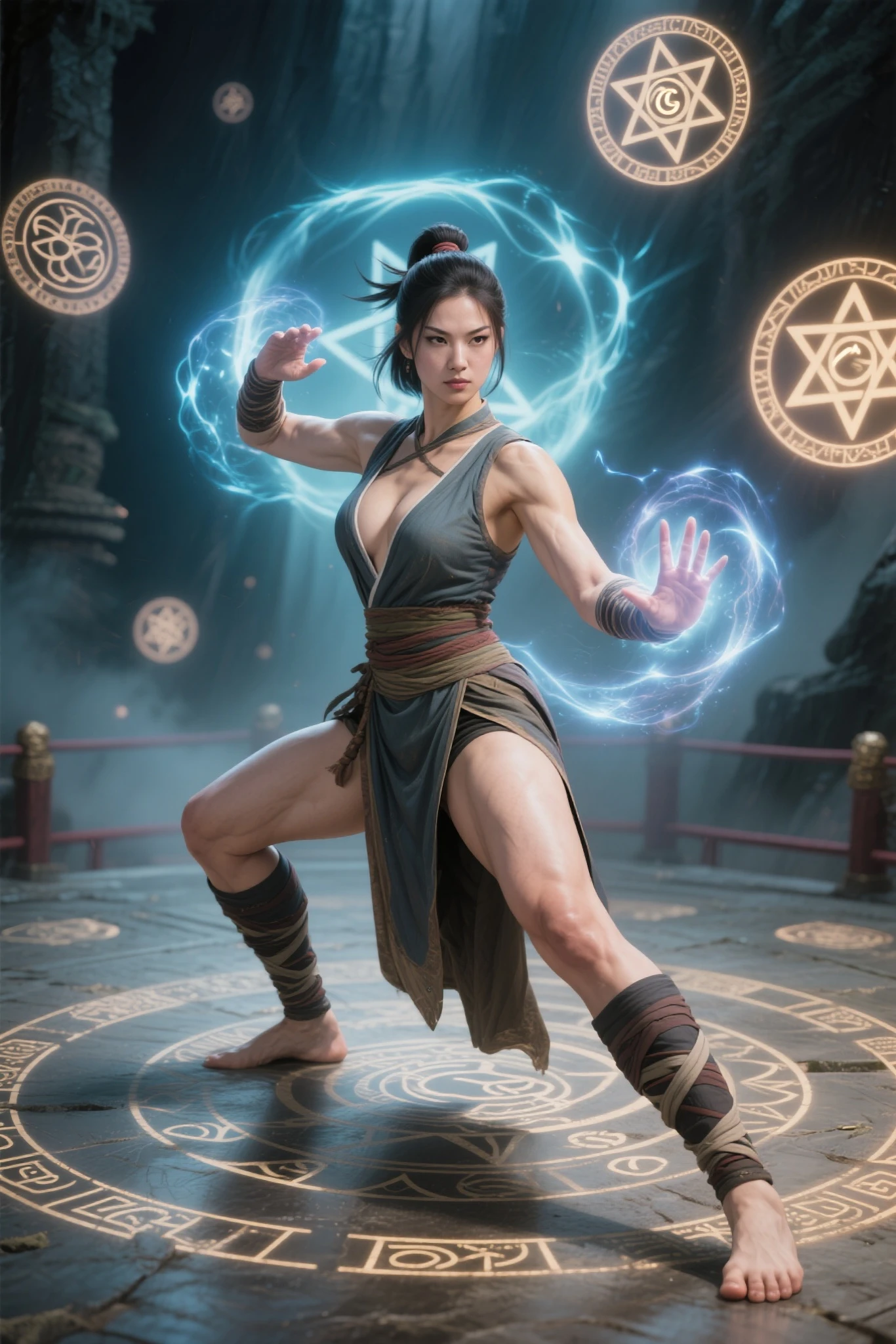 1 cute yuna, sexy chun li outfit, is in a fighting stance ready to face zombies and other terrible monsters, halloween night, view from low angle focused on her butt, (best quality,4k,8k,highres,masterpiece:1.2),ultra-detailed,(realistic,photorealistic,photo-realistic:1.37),HDR,UHD,studio lighting,ultra-fine painting,sharp focus,physically-based rendering,extreme detail description,professional,vivid colors,bokeh,dark fantasy,horror,action,battle,cinematic,dramatic lighting