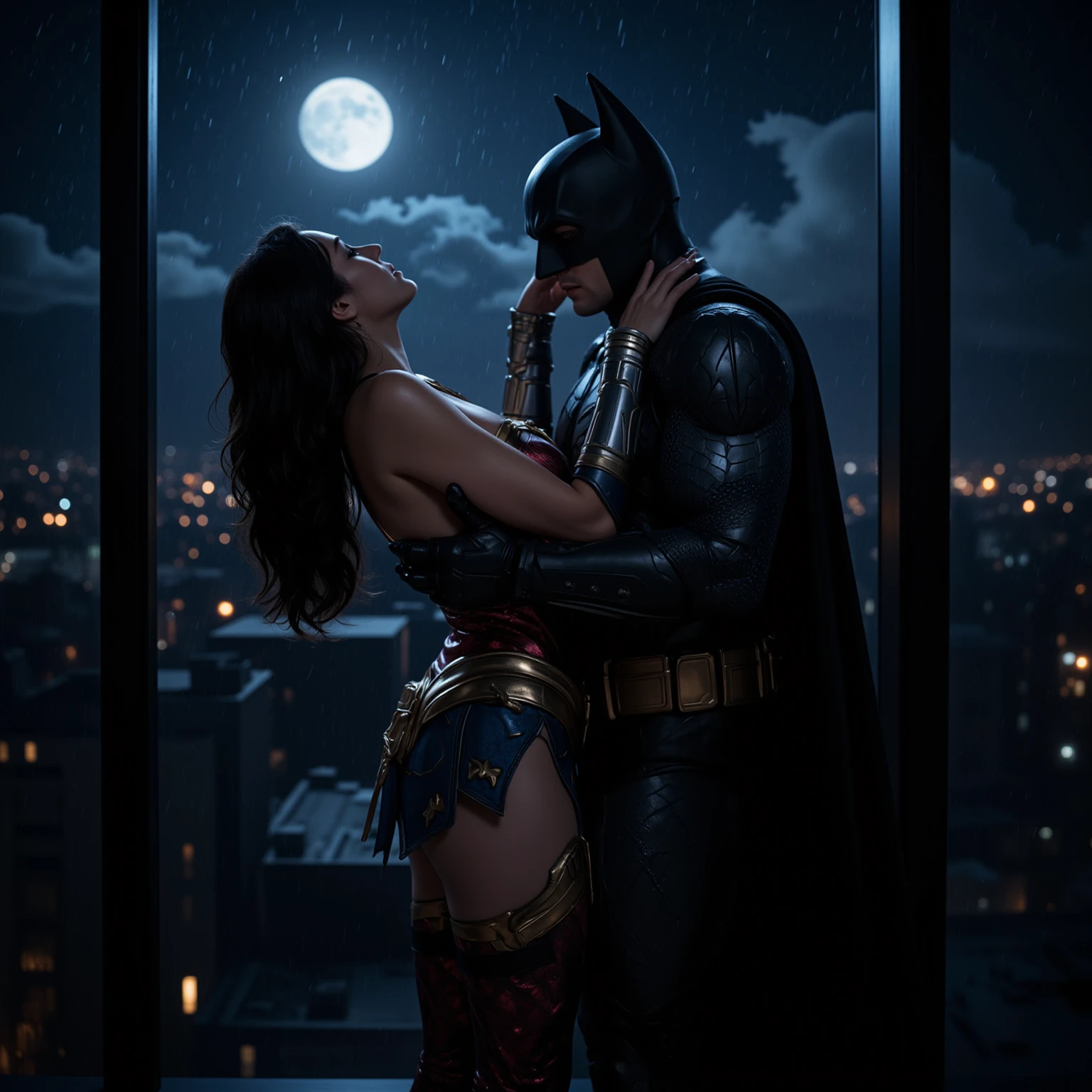 Jennifer Lopez as a sexy Catwoman embracing Ben Affleck as Batman, ((detailed face, not wearing mask, photorealistic)), (1 male and 1 female), 35mm, ultra detailed, 8k, moonlight background gotham city.  Catwoman and Batman find themselves alone on a rooftop, their hearts longing to connect. Under the moonlit sky, they share a passionate kiss, knowing their love is stronger than their superhero duties. Batman logo on the moon. 