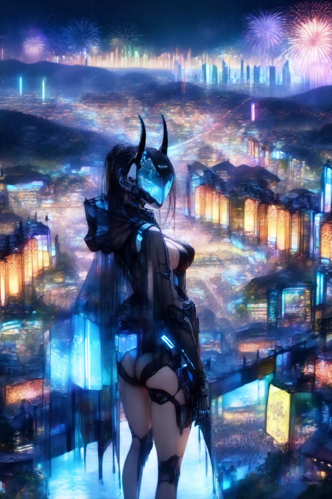 hot mech girl, big breast, war on alien, collapse building, night view, storm shadow meteor, ultra detail, blue eyes, panoramic scene, masterpiece, aesthetic