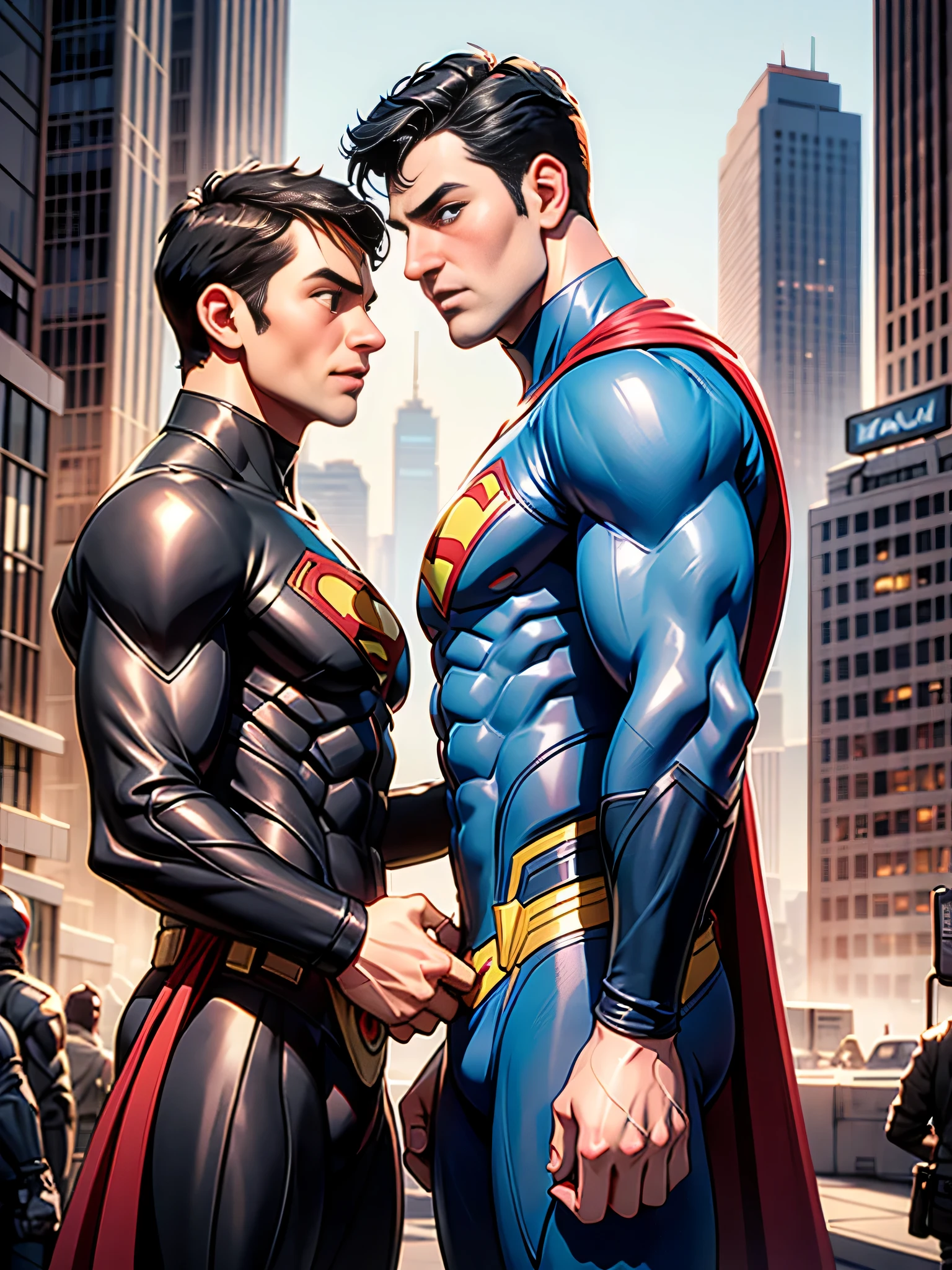 superhero, superman and batman shaking hands, detailed facial features, friendly expression, shaking hands with each other, standing in a city street backdrop, skyscrapers in the background, sunlight shining, realistic, photorealistic, 8K, HDR, studio lighting, physically-based rendering, vibrant colors, dramatic lighting