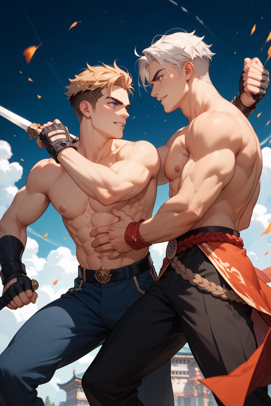 illustration in Leyendecker style: muscular, hairy chest and belly Alexander Ludwig, Big Dick - Lieutenant Roy Pierce in full dress uniform, "Midway"