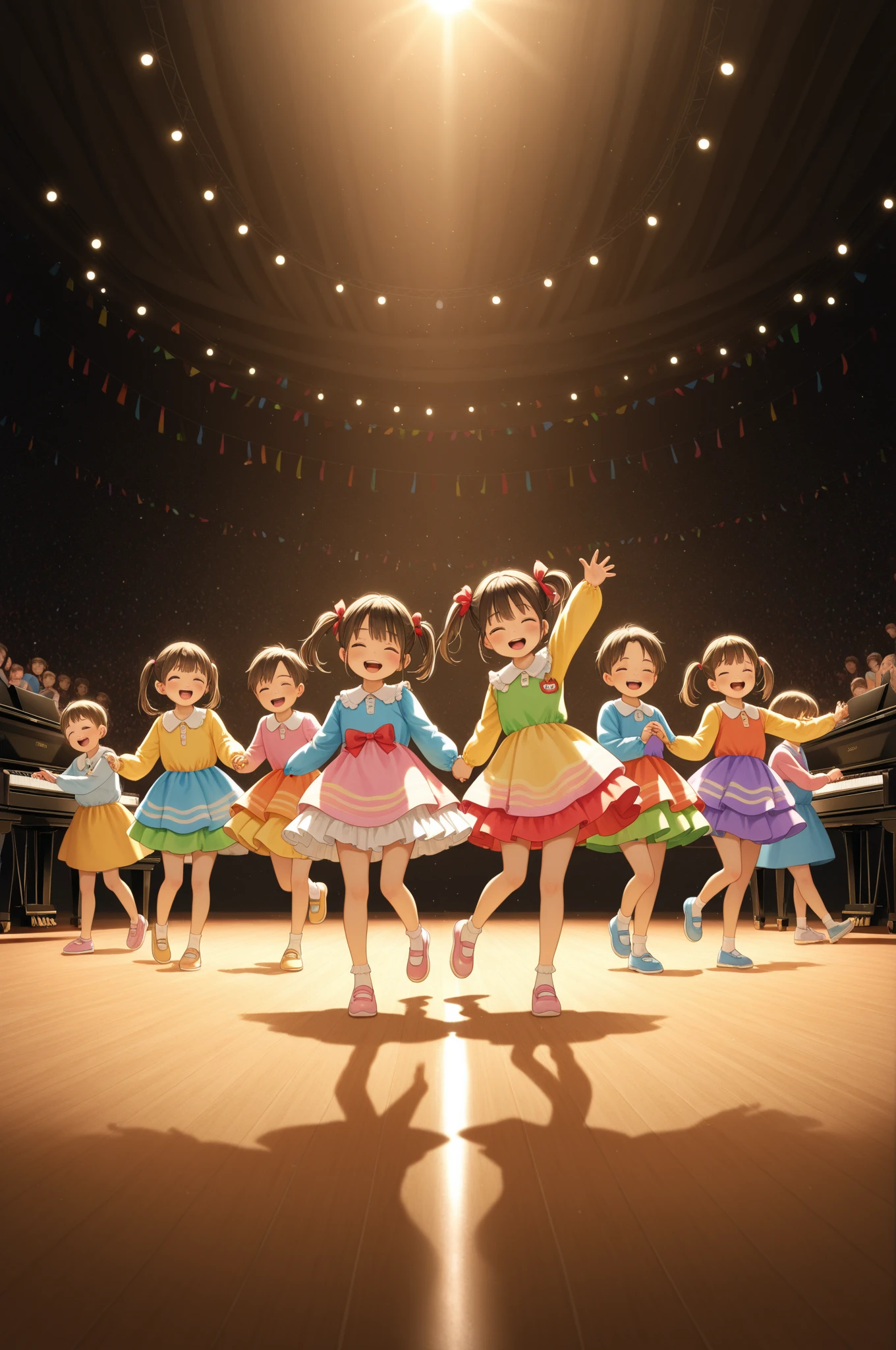 masterpiece, ((Highest quality))、Idol Concert、(three cute naked girls、A good friend、sing、dance、kawaii:1.4、12 years old、smile:1.3、smile、Idol's clothes:1.2、Mr.々Hair style、pubic hair)、(((Full nudity、tits、Pussy)))、(Realistic and detailed skin texture、hair ornaments、Concert Stage)