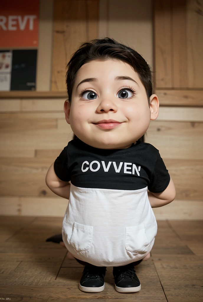 A boy sitting in the chair having written 'hom' in his tshirt