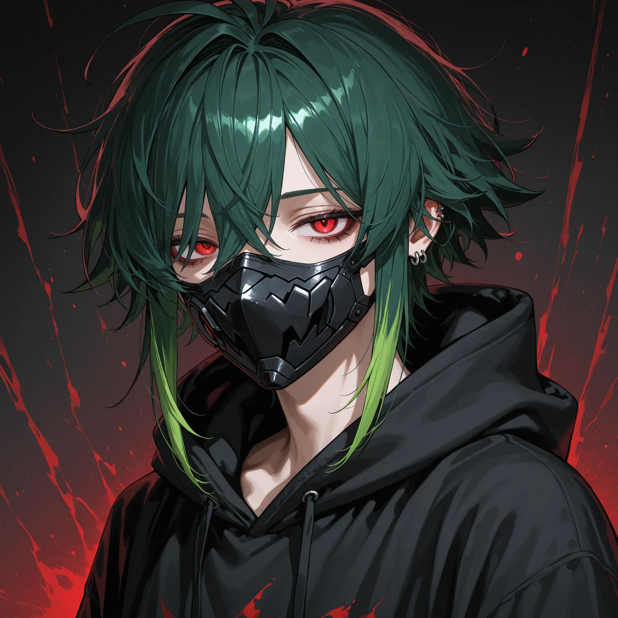 Fluorescent green very short ponytail , black eye, severe dark circles , droopy eyes , hospital patient clothes, psychopath , experiment , experiment체 ,Timid , dependent , heartless , night background , dark , Hikikomori , genderless , masculine , boy , man , Man , man 캐릭터