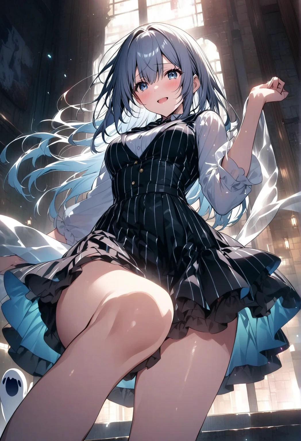 (Masterpiece), (Top Quality Anime Illustration), (Super Definition), One Girl, Solo, Beautiful Girl with Silver Hair, Anime Loli, Cat Ear Loli, Light Blue Miniskirt Cheongsam, See-through, Sleeveless, Smile, Cleavage Emphasis, Side Breasts with Bare Skin Visible, Open Stance, Thighs, Butt Protruding, Ass Focus