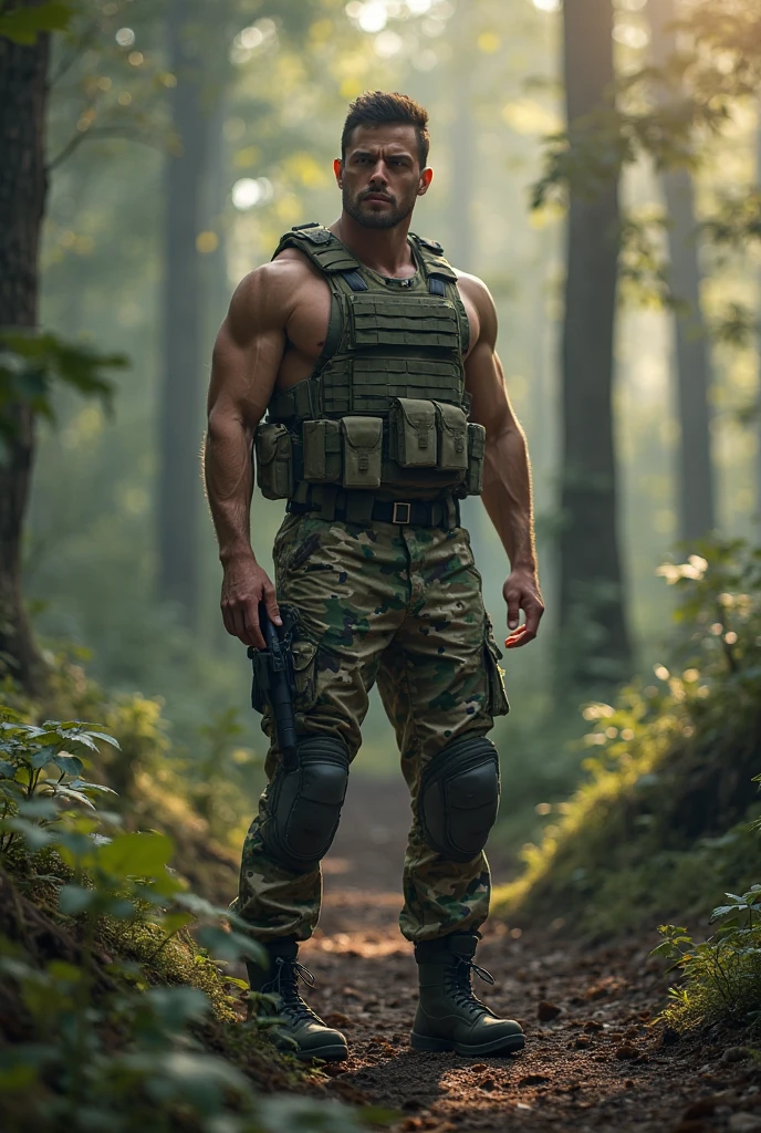 a deciduous forest, muscular handsome jock ((age 21)), ginger hair, sexysoldier, ((((standing at attention)))), ((saluting)), (camouflage face paint), camouflage pants, ((crotch bulge)), dog tags, black boots, (feet together), standing upright, (submissive), (homoerotic), masterpiece, best quality, (((full body portrait))), ((full body)), (looking at viewer), longshot, highly detailed, (high skin detail), (high face detail), ((photorealistic)) <lora:muscle_slider_v1:2> <lora:skin_tone_slider_v1:-1> <lora:Clothing - Sexy Soldier:0.65>
