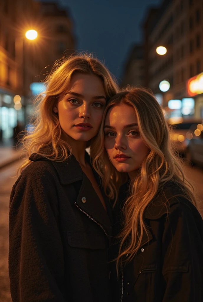 Blonde woman, dark makeup, blue eyes, with detailed eyes, with a glass in her left hand, sitting on a Paris street, night light