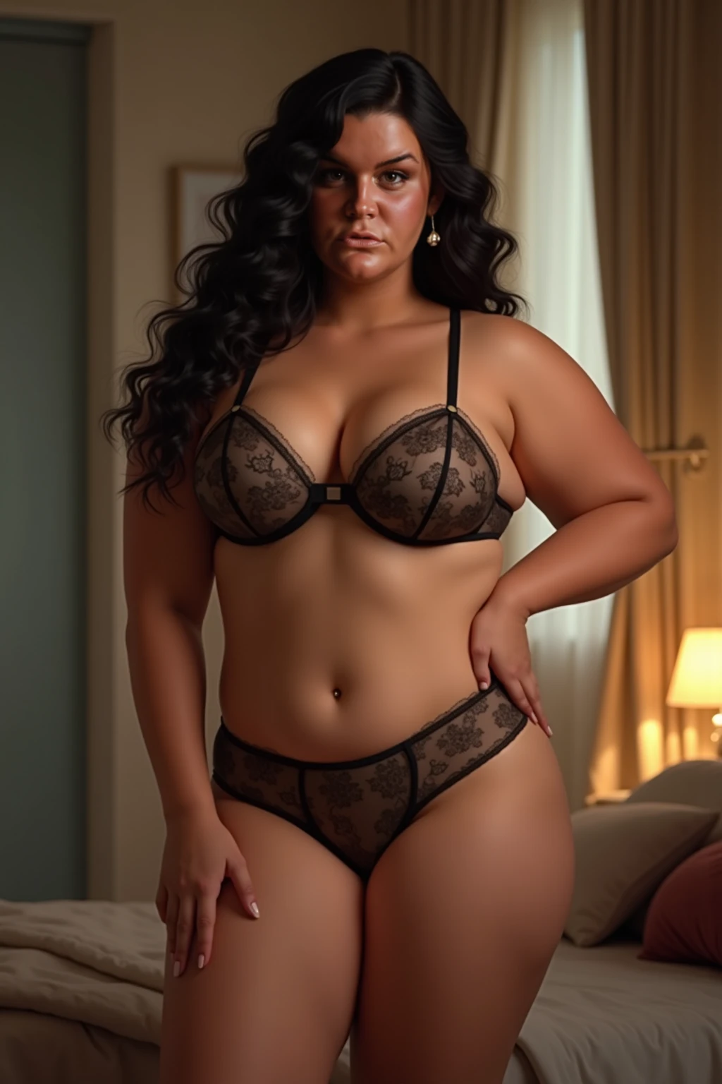 An overweight woman, big cellulite ass, in a black bra and panties posing for a photo in a bra and panties with her hands on her hips, Super flat, Kristen Koebke, Spare photo