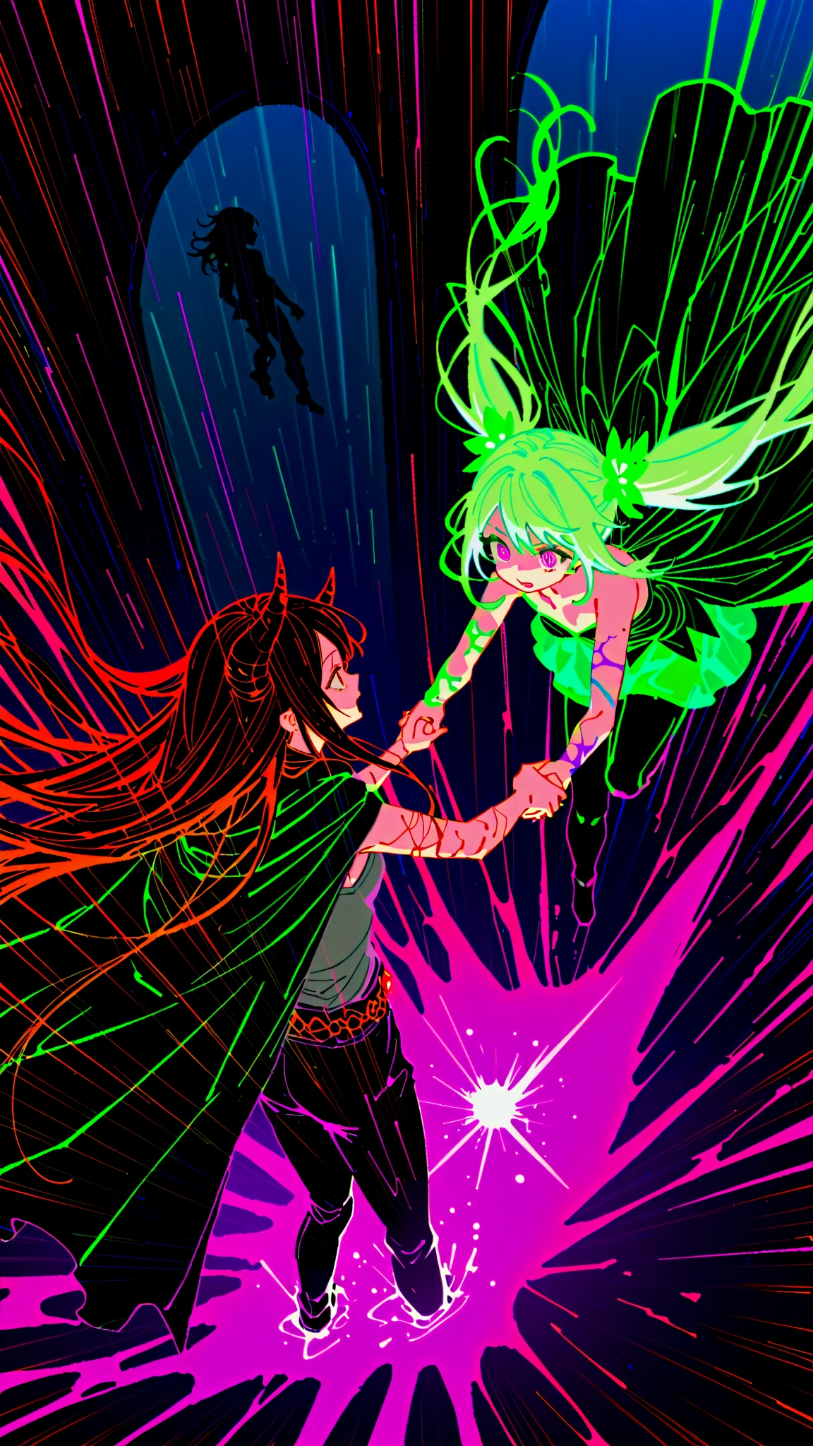 (glowart:1.0), (glowing, sketch, drawing:1.0),
, bangs, green sleeves, black hair, , breasts, dress, gloves, red background, hand up, looking at viewer, open mouth, curly hair, short sleeves, sidelocks, smile, solo, sparkle, two-tone dress, white dress, no gloves, yellow headwear, white eyes