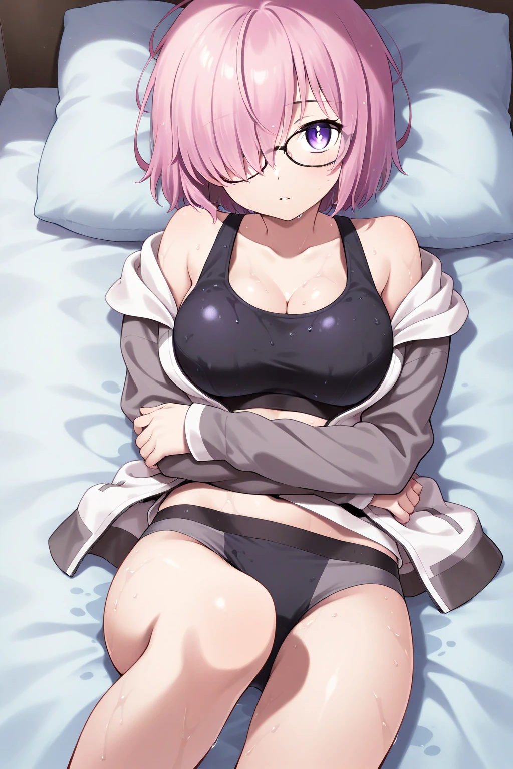 Ultra-detailed illustrations、Ultra-precise expression、masterpiece、Highest quality、ultra High resolution、High resolution、Hiromitsu Takeda Style、White background、Simple Background、bed、Mash Kyrielight、light purple hair,short hair,hair over one eyes、purple sexy bra、Panties、baby doll、Vulgar expression、smile、Open your mouth、White Breath、Sweat、Glowing Skin、shiny skin、Big Breasts、