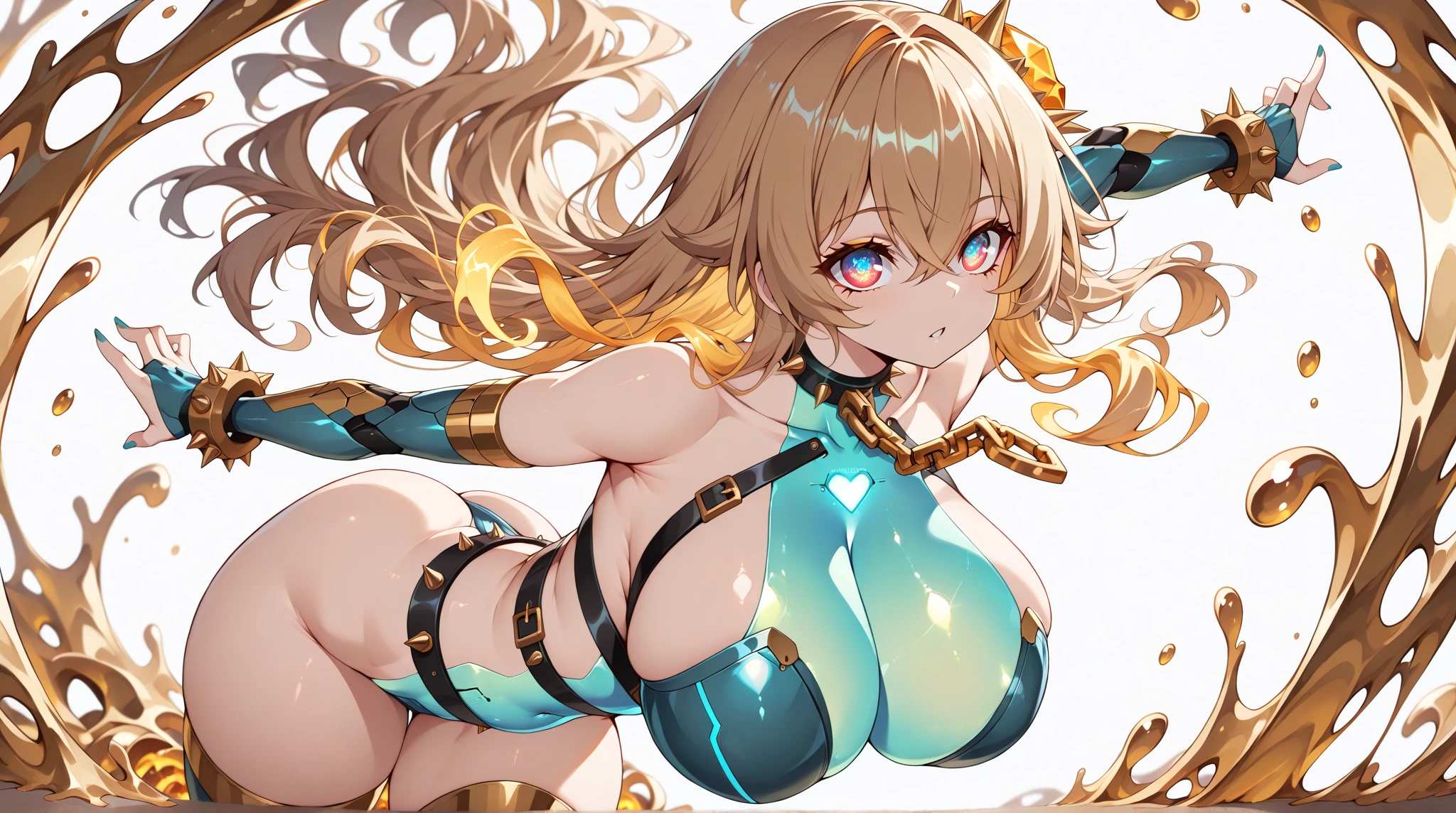 An ultra-high picture quality, Super Detail, High resolution, super beautiful woman, Amorous expression, Shiny flowing layered wavy light brown hair, Sparkling gold eyes, Seductive moist pink lips, raising one arm, Spread legs wide, nipple seal, Huge breasts, under the boobs, great proportion, perfectly proportions, slender, Full body, Anime, Manga, Illustration, Fantasy, Northern Renaissance style in the background, Galaxy, Magic Circle, Kaleidoscope, Rainbow Neon Light Many Rows, cyberpunked