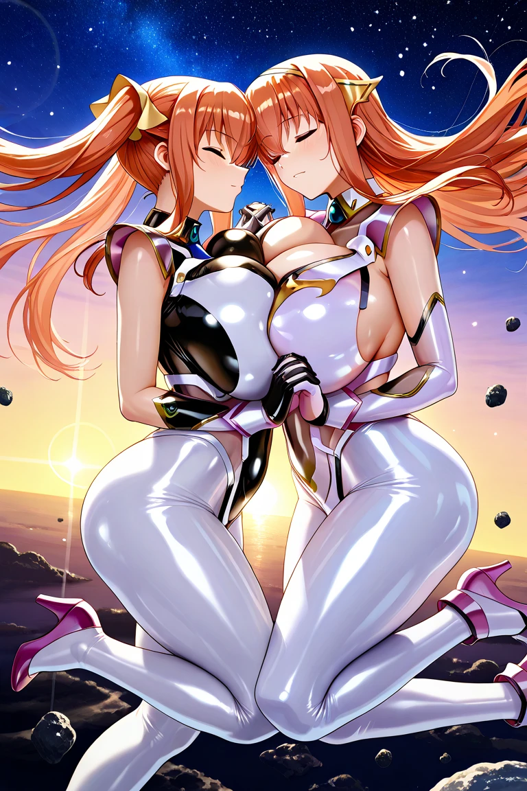 Neck ribbon,Perfect hands, Perfect Fingers,Perfect Anatomy, masterpiece, Highest quality,Anime Style, 16k hdr,2girls, Large Breasts,Erect nipples,Blue Hair, Straight Long Hair,Mobile Trace Suit, Shoulder Armor,(Red and blue bodysuit:1.4),Sexy pose, whole body, cockpit,Spread your legs,(Emotionless:1.4,Hollow Eyes:1.2),Metal collar