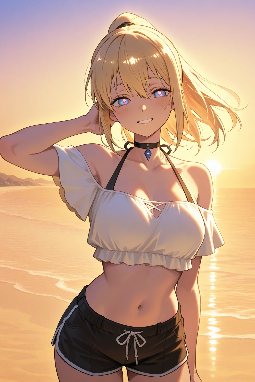 (masterpiece:1.4), (Highest quality:1.4), One girl, Artoria Pendragon \(destiny\) , Short shorts, White shirt,  Beach, Cleavage,Crop top