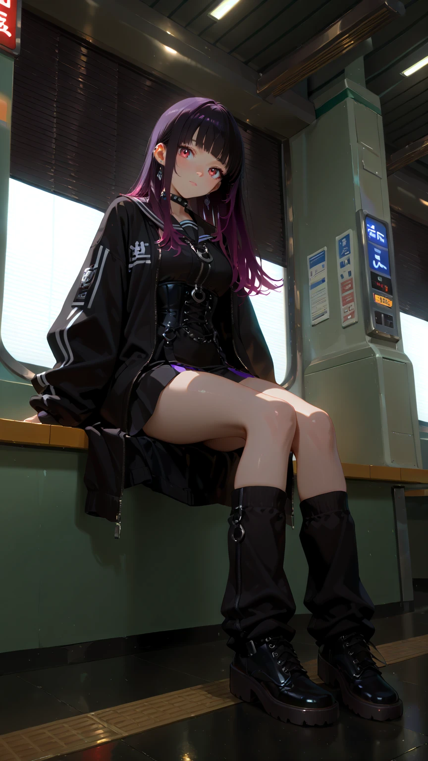 (very aesthetic),perfect anatomy,Neo Gothic Ikebukuro Women,Thin and Dark with Attention to Details,sagitales,(166cm),23 years old,BREAK,Slender body,constricted, long toe,Gloss Skin,Fair skin,black hair,Edo Purple Hair,Multicolor Gradation Hair,Straight Long Hair,BREAK,(Outer Sailor Style Multi Zipper Black Long Jacket),Inner Button Corset Short Skirt Black Dress,BREAK,knitted hat with large clip,Black Ribbon Leg Warmers,Short Studded Boots,Studded Neck Belt,earrings,BREAK,Neo ta Makeup,BREAK,(background in front of Ikebukuro Station, Toshima-ku, Tokyo:1.3),Resplendent City Light,(Caution Pose ),(side angle),rimlight,( dynamic shadows:0.8),BREAK,(God's miracle masterpiece:1.2,BREAK,Best High Quality,High Quality:1.2,Unity 8k)