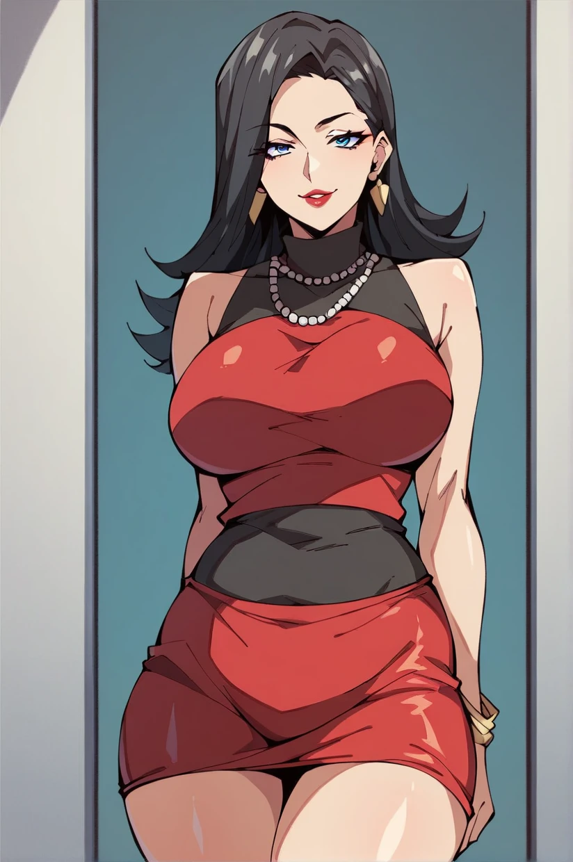 masterpiece, ,(solo:1.1), perfect face, hair over one eye, small waist, (bright lighting:1.2),beautiful detailed eyes, extremely detailed face, perfect lighting,masterpiece, best quality, ((mature female)), ((large breasts)), 30yo female, 1girl,  (medium red hair), white under hair, (side bangs), straight hair ,provocative, tease, milf, large breasts, simple smile, adult woman, thick skirt, mini dress , full body. ((extremely realistic shading, masterpiece, extremely detailed, photorealistic)), bright red eyes,pearl necklace,necklaces, indonesia chinese traditional clothing, gold gold wristband, gold choker, pressed breasts, no background,  midriff, exposed belly,