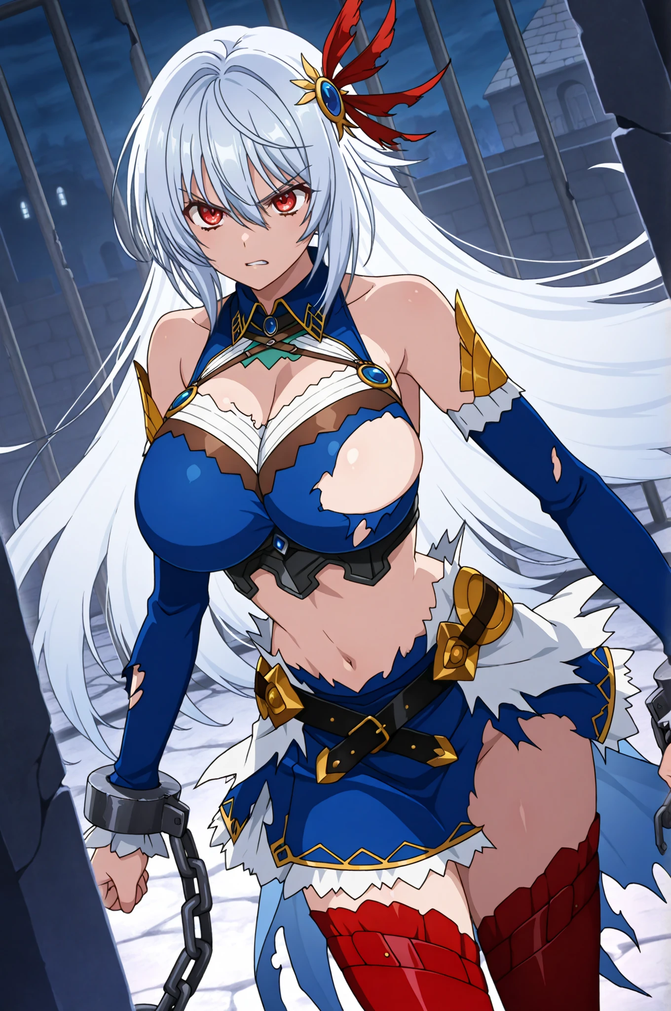   (((vulgarity))), sweat,Dripping water,My whole body is wet,heavy breathing, humid, fog,
Rumi Usagiyama, long hair, animal ears, white hair, rabbit ears, dark-skinned female, muscular, 
rabbit girl, muscular female, (red eyes:1.5), (parted bangs:1.5), (complete anatomy),
High resolution,Sharp focus,(Super detailed,Very detailed),(Very detailed CG unity 8k wallpaper),(((Vibrant colors))),{best illustration},
Complex eyes,Beautiful Eyes,Symmetrical eyes,Big eyes:1.5,Seductive eyes, (((dark skin,dark_skin,lustrous skin:1.5,bright skin: 1.5,
skin tanned, shiny skin,very shiny skin,Shiny body,plastic glitter, skin,exaggerated shiny skin,illuminated skin))),Perfect Fingers,
(Detailed body),(Detailed face)), cute,Lewd,erotic,Bold,Camel Toe,Revealing clothing,show skin,
(Huge hips:1.1),(Huge breasts, Glamour:1.2),
thighhighs, gloves, sleeveless, white gloves, leotard, turtleneck, high leg, high leg leotard, fur collar, sleeveless turtleneck, 
turtleneck leotard, sleeveless turtleneck leotard, crescent print,
(torn clothes),
The End of the World,rubble,Cracked asphalt,weed,There is a morning fog,deserted street,Collapsed overpass,rubbleでできた巨大な山, (from below),
Arrogant look, Domineering smile, Baring teeth,
Put your hand on your cheek,sitting,  Open legs wide, spread legs,
