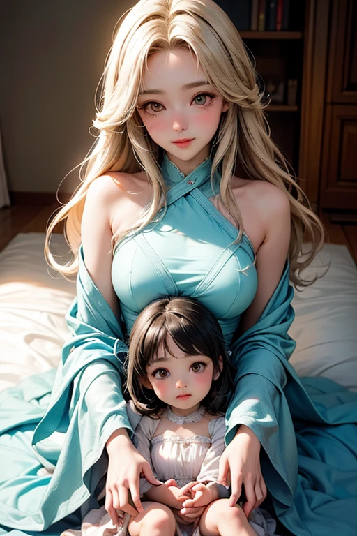 An extremely beautiful stunning mother with a perfect busty body, gold blonde long silky hair, big blue-green hazel eyes, extremely super bright snow white fair stunning flawless glowing lush shiny white skin, a perfect tight hourglass figure, and a skinny waist, extremely cute smile on the face, bright pink blushes on cheeks, wearing a long cute sky-blue floral dress, and a yellow-tan cardigan, white flip-flop sandals, gold necklace on the neck, gold anklets on feet, standing straight, holding her little son's hand, garden in the background, show full body from head to feet