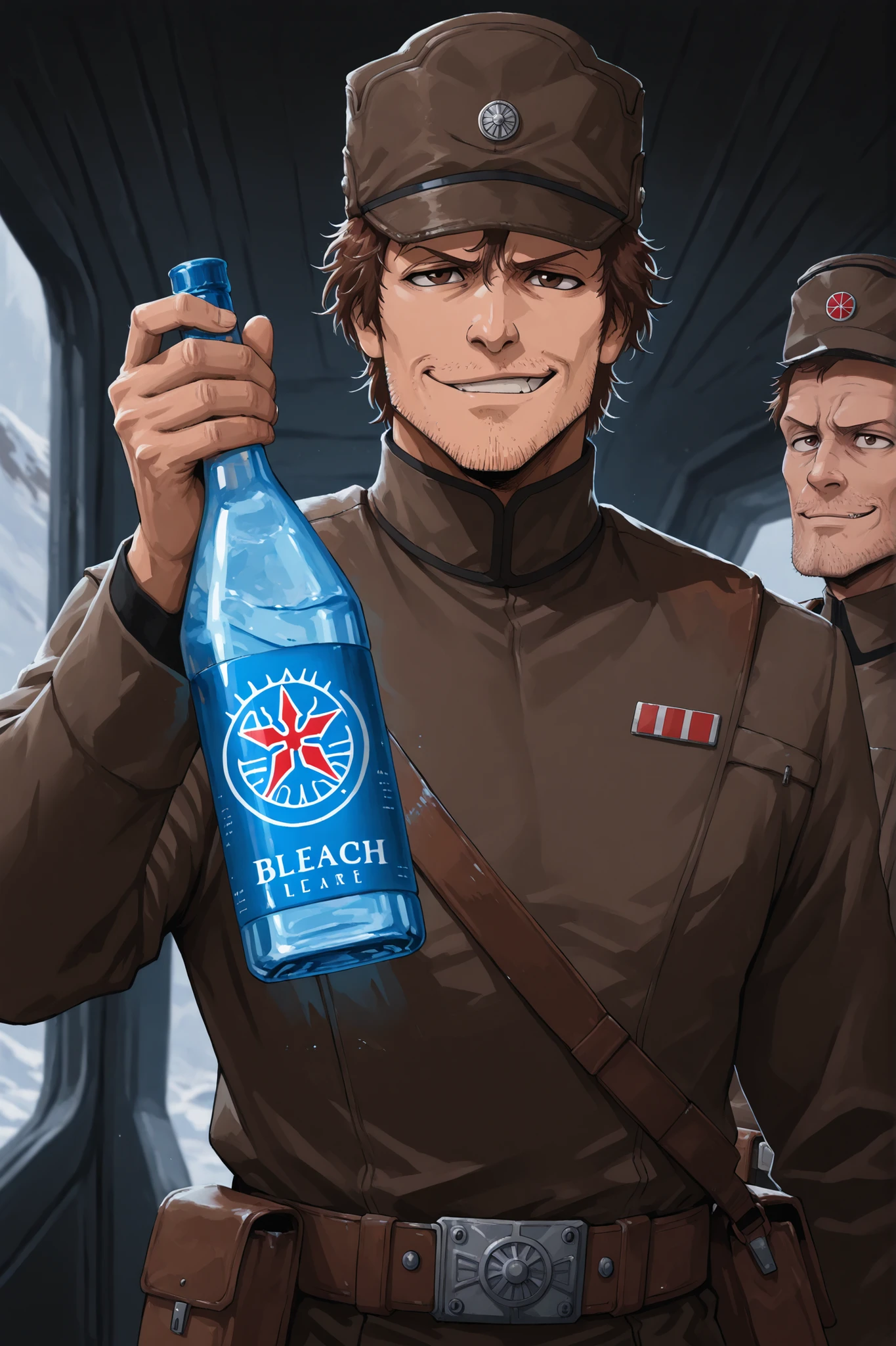 Masterpiece, 1male, late 20s, character, Star Wars, pointed chin, messy brown hair, stubble, brown eyes, Imperial Officer uniform and hat, satchel, crooked nose, smirking, holding a bottle of blue liquor, upper body shot, Bleach art style,