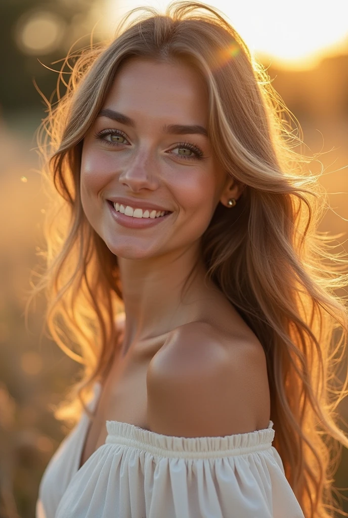 from a 22 year old girl, in a white hippie dress, Smiling girl , happy girl, (1 girl), (realist), (photo-realist:1.5), lipstick,(realistic photo,natural, 8k uhd, film grain), sharp eyeliner, Blush Eyeshadow with Thick Lashes., extremely delicate and beautiful, (full body shot:1.6), 8k, Soft lighting, high quality, High resolution, sharp focus, extremely detailed, (sunlight on the face), beautiful detailed eyes, extremely detailed eyes and face, masterpiece, cinematic lighting, (very detailed skin:1.2), 8k uhd, DSLR, Soft lighting, high quality, film grain, Fujifilm XT3