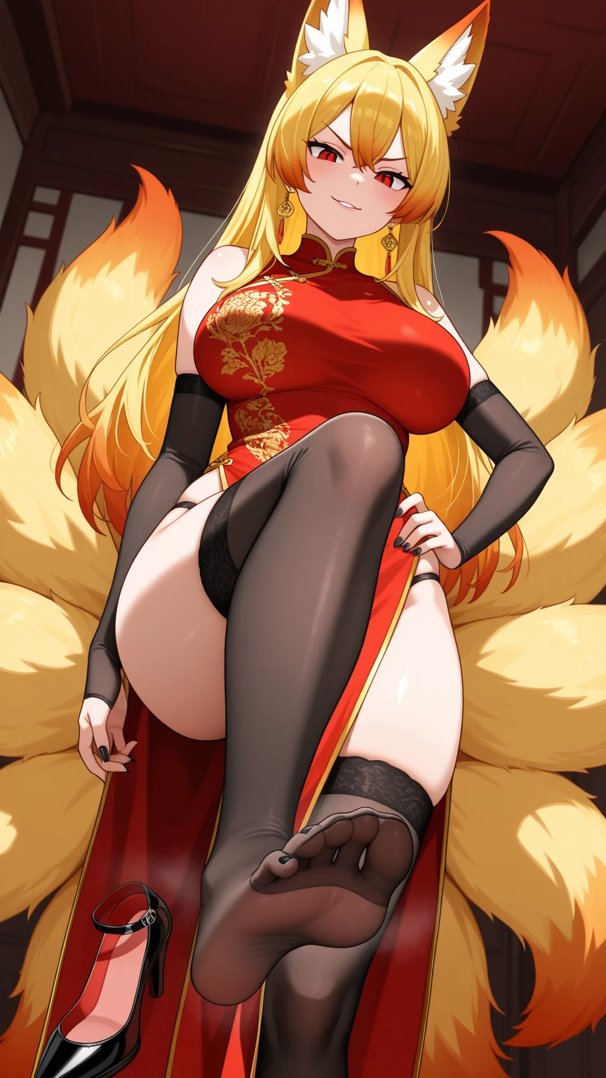 Red velvet cheongsam,with long coiled hair,Golden pupils,little mouth,being thin,legs long,lacy stockings,Ultra-high heel,solid black background,Breast-huge,The stockings are shiny,There is cleavage,Fine face,tmasterpiece,being thin,Chinese gold wedding hair accessories,Fine eyes,The butt groove is thin,Fine hands,a garter belt,Hands on chest,Blonde hair,Breast aggregation,Long skirt,Chinese gold wedding hair accessories,Golden pupils,Exquisite details,Chest exposure