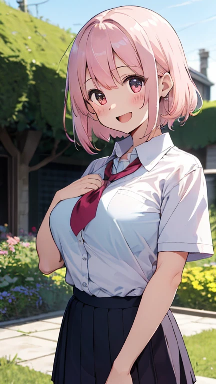 masterpiece, Highest quality, High resolution,(throw_hand grabbing chest),,One girl, One boy,Age difference,bow tie,Blonde,chest,Long Hair,Pink Hair,pleated skirt,Tucked in shirt,short hair,skirt,smile,Tent shirt,amusement_garden
