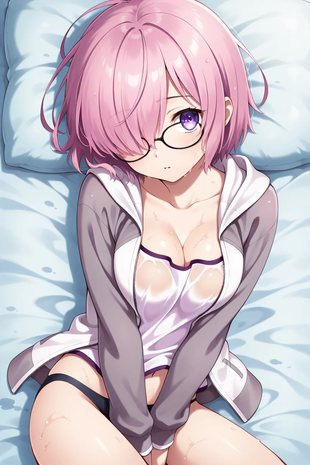 who is 13 years old height 1.49 pink hair black glasses pink eyes an extremely blushing naked and that she is an extremely shy girl a bed that is being made love to her penis her vagina