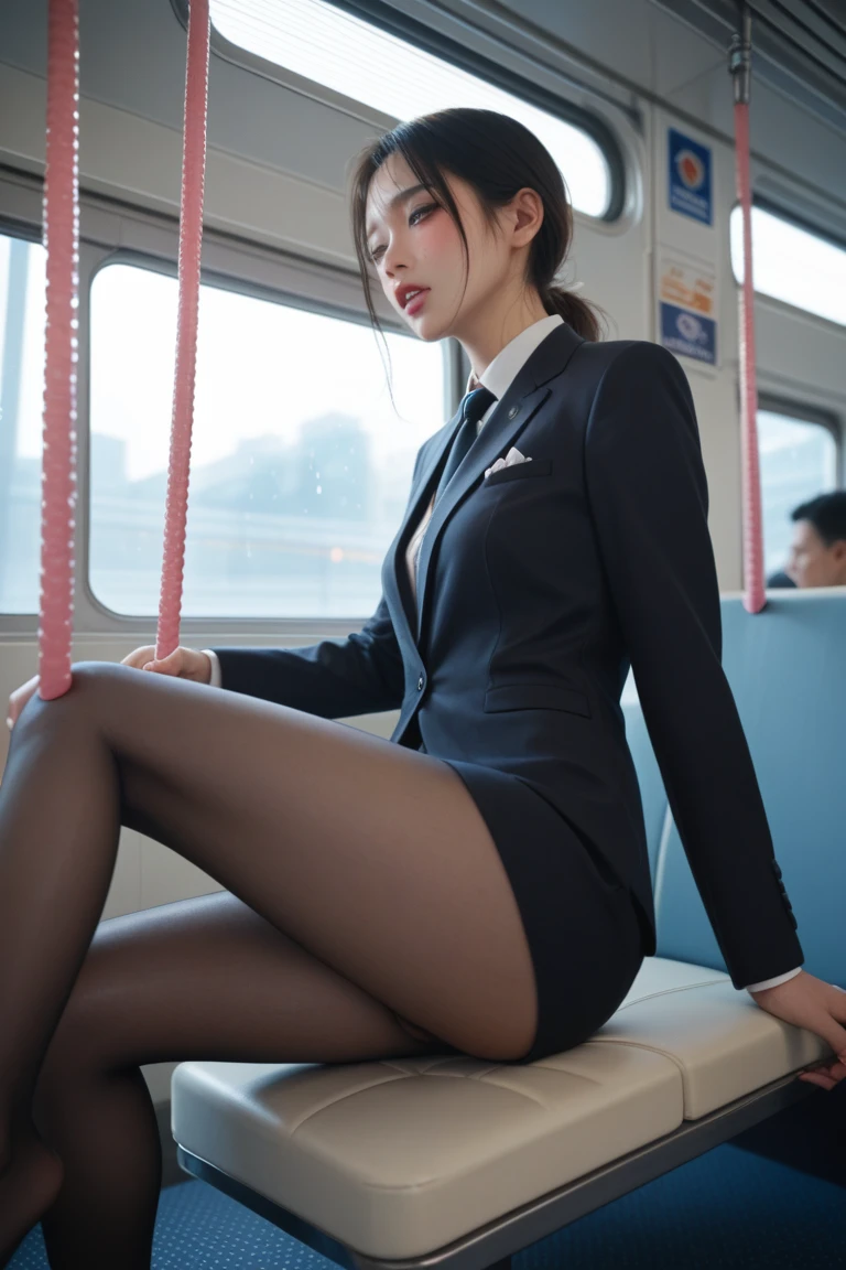 (Super beautiful)、(beauitful face:1.3)、Clear pubic contours,spreads her legs、(white panties)、(Grey Office Women's Suit)、high-heels、Subway seats、(At SFW)