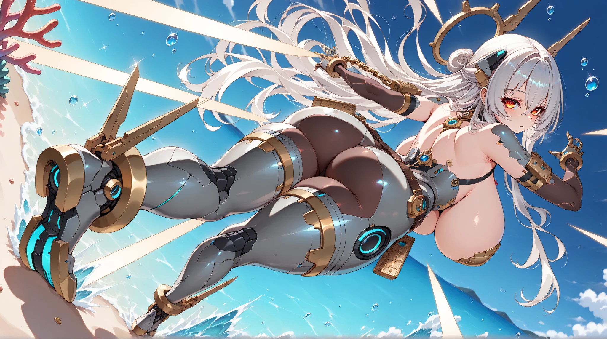 (((masterpiece))),16K,best quality, illustration, Earth, water,fire,wind,space,1 girl,blond,Beautiful mecha,shining armor,Eagle Helmet,pretty face,scarf,paper_cut,NSFW,Big breasts,Sexy