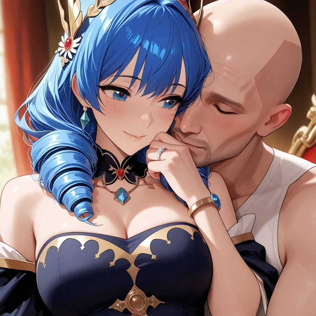 Cinderella in a blue dress passionately kisses a handsome cute man, handsome man passionately kisses and squeezes Cinderella's 