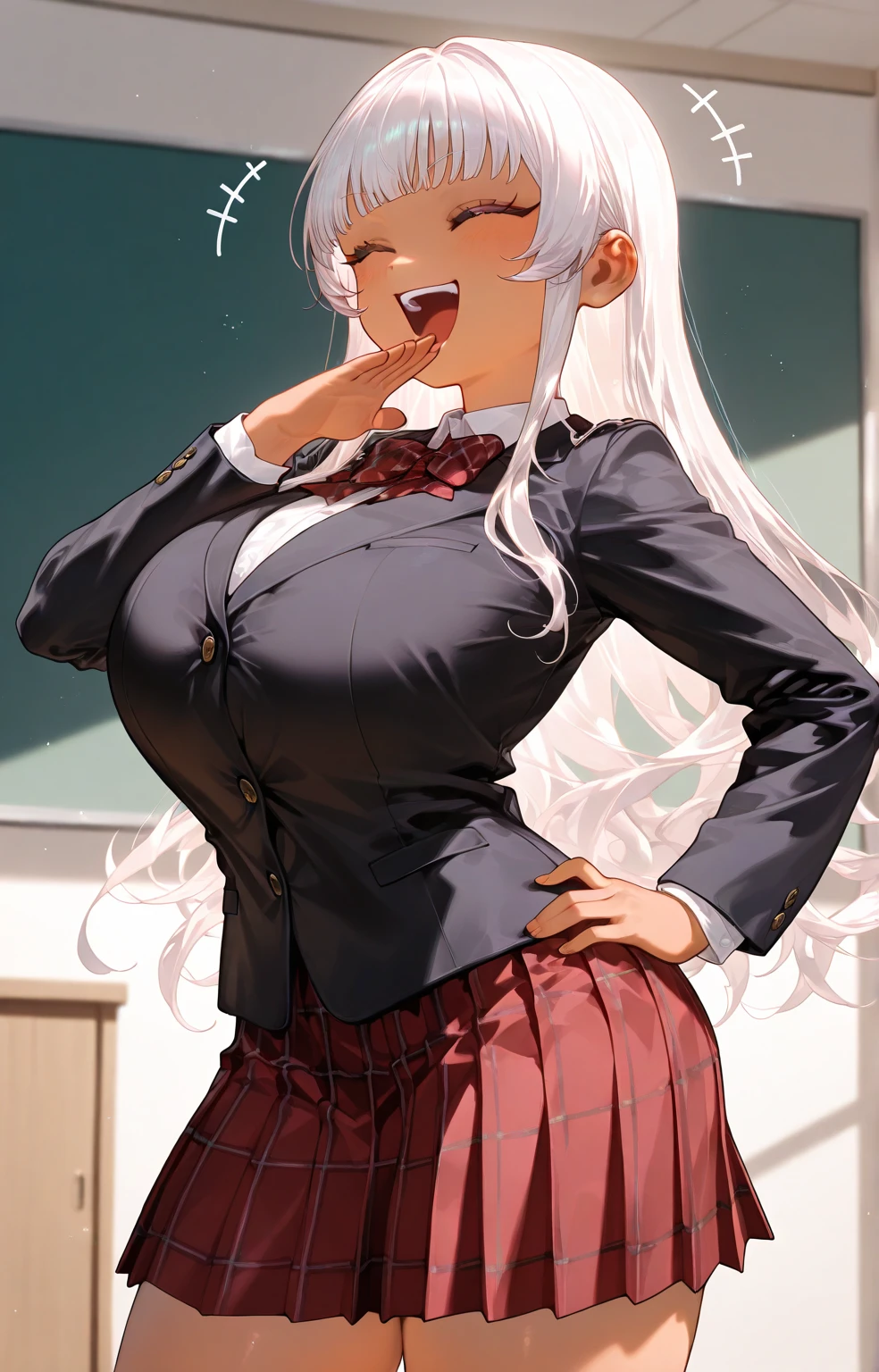 1girl, white hair, long hair, teacher, dark skin, dark-skinned female, white shirt, shirt, glasses, red glasses, yellow eyes, pencil skirt, skirt, mature female, pantyhose, black pantyhose, huge breasts, thick thoghs, smile, smirk, smug