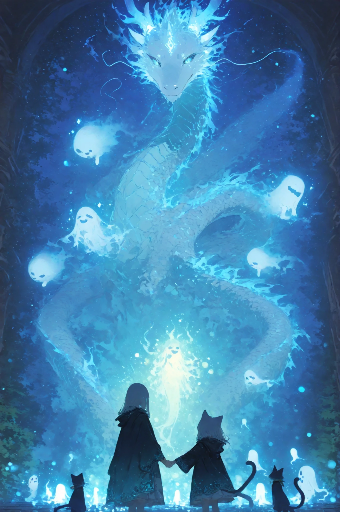 Two people holding hands、cat silhouette on the tip of their hand、 Ghostly Presence 、 dragon-like creature、and a ray of light comes up、Magicalな光景手をつないだ人物, facial expressions,kind,Warm,family,like,sincerity,Cat's Shadow,The appearance of a ghost,The appearance of a dragon,light,Magical,mysterious,dreamy,Fantasy,High Quality,Masterpiece,super definition,real,フォトreal,HDR,UHD,studio lighting,Ultra Fine Painting,sharp focus,Physically Based Rendering,Extreme Detailed Description,Professional,Vivid colors,Bokeh