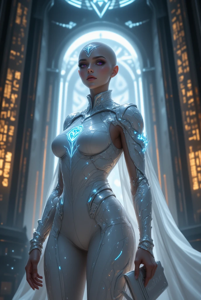 a woman in a futuristic suit standing in a room, abbey lee kershaw as emma frost, movie still of a cyborg, movie still of a villain cyborg, cyborg goddess in cosmos, beutiful white girl cyborg, as a retro futuristic heroine, movie still of a alien cyborg, beautiful alluring female cyborg, wearing futuristic white suit, portrait of emma frost --auto --s2
