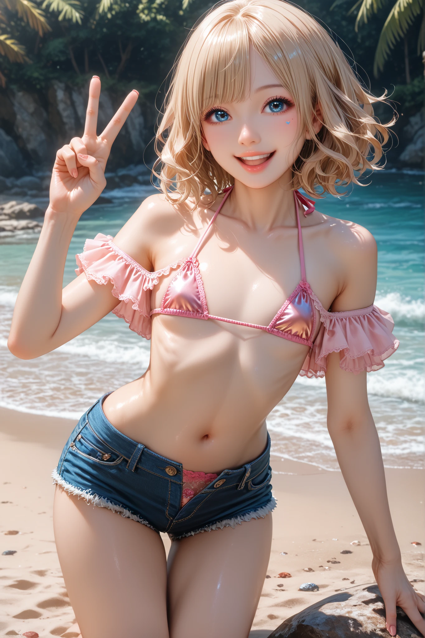 girl, goblin, small area white silk, smile of joy,beautiful and moving,smile,(buttocks),Do a dynamic dance、thin arms、thin waist、slender upper body、thin thighs、thin lower body、cowboy shot、short hair、blonde、comb one'hair、Tropical sandy beaches、めまいのするsmile