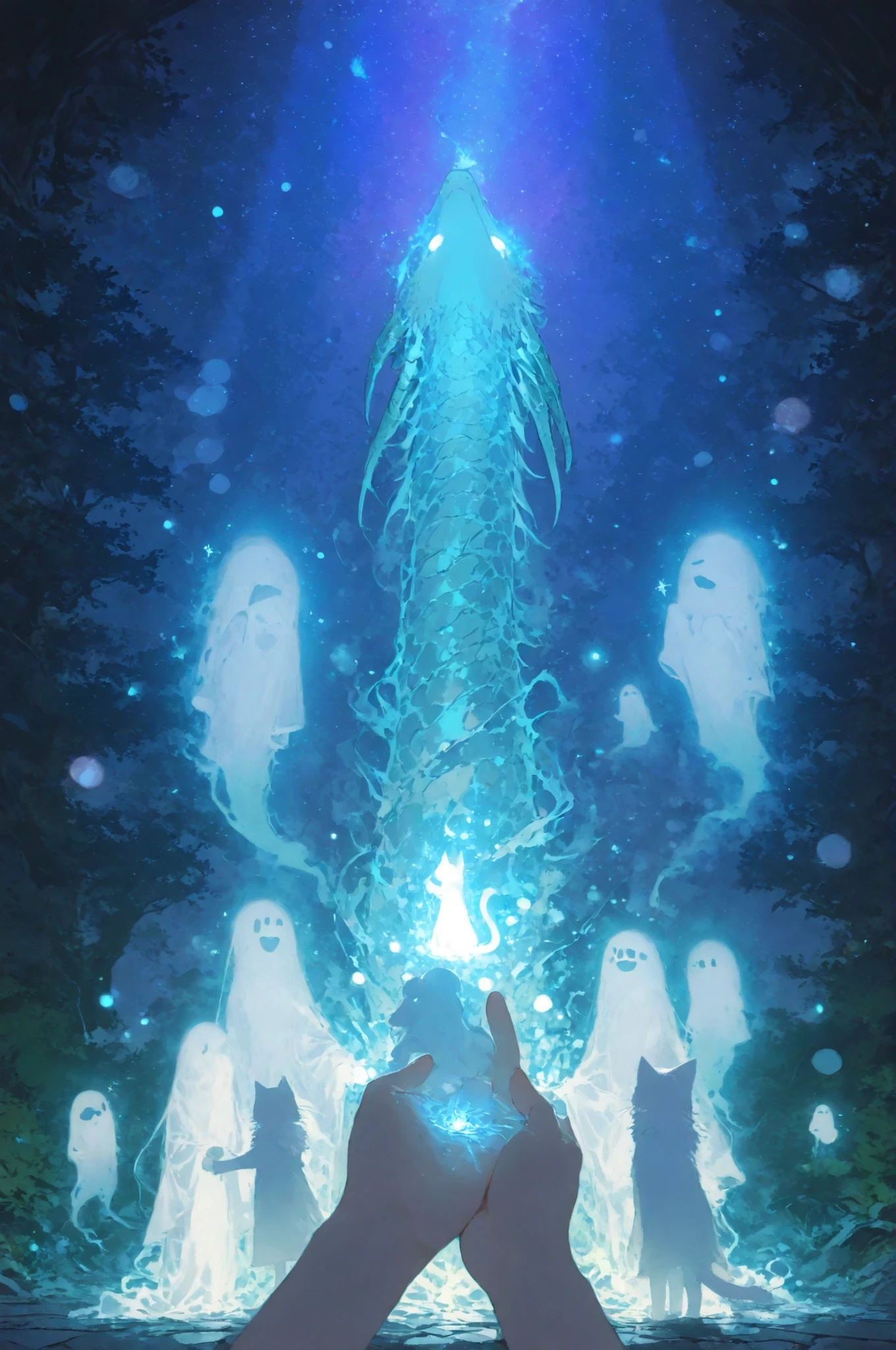 Two people holding hands、cat silhouette on the tip of their hand、 Ghostly Presence 、 dragon-like creature、and a ray of light comes up、Magicalな光景手をつないだ人物, facial expressions,kind,Warm,family,like,sincerity,Cat's Shadow,The appearance of a ghost,The appearance of a dragon,light,Magical,mysterious,dreamy,Fantasy,High Quality,Masterpiece,super definition,real,フォトreal,HDR,UHD,studio lighting,Ultra Fine Painting,sharp focus,Physically Based Rendering,Extreme Detailed Description,Professional,Vivid colors,Bokeh