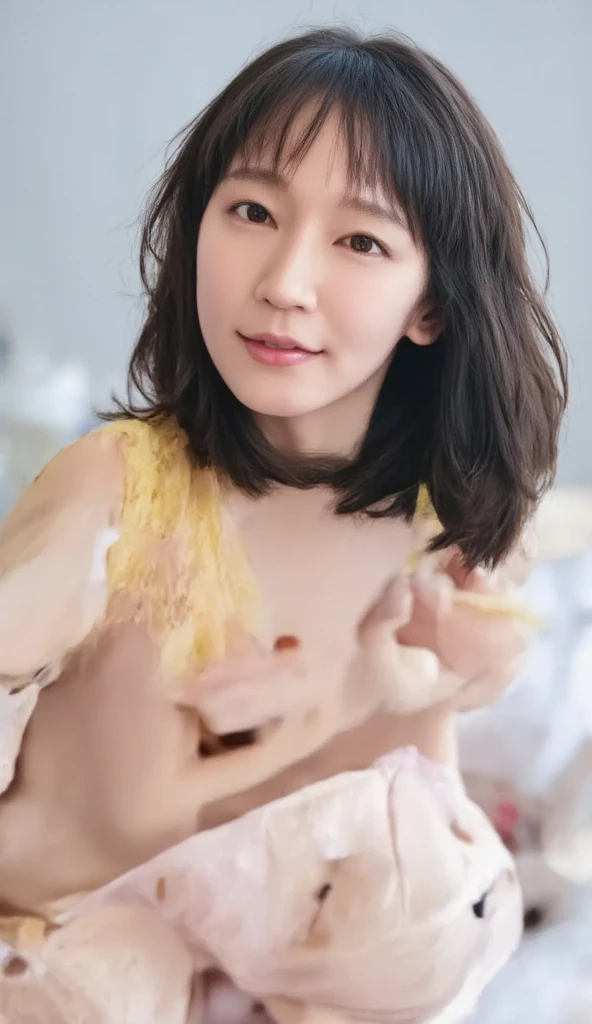 Highest quality、woman、Natural Skin、Fingerless、No hair、Left shoulder forward、Upper body naked、flat chest,small nipples,erection of nipple,topless、Nipples