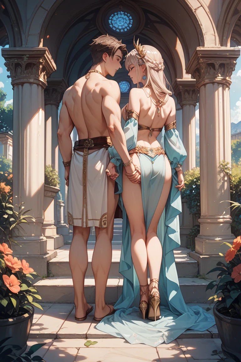 on the beach, 5 small full body, naked, naked woman lie on ground, small man riding white horse white looking back, white feather cloak, shield, bow, sword, female greek god, white hair, masculine, mature, naked, hairy torso, fantasy, intricate, elegant, highly detailed, digital painting, artstation, concept art, smooth, sharp focus, illustration, art by gaston bussiere and alphonse mucha, almost naked