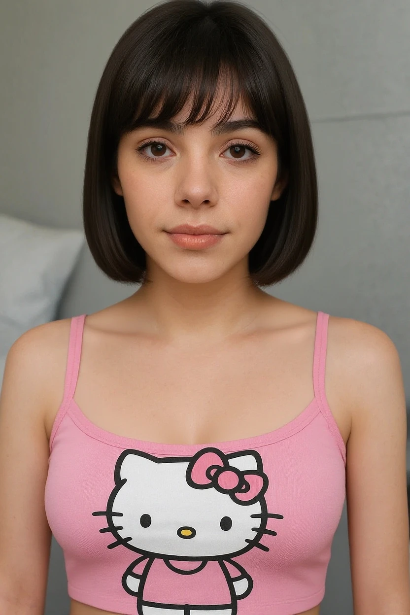 (micro cute white girl:1.5),(Fictional future high technology civilization:1.4),(big beautiful boobs:1.3) ,(shiny skin:1.4),(short glossy black hair:1.3),(bangs:1.1)
(smile :1.2),(beautiful body:1.5),(shiny black shorts :1.3),(plain big white cotton T-shirt:1.5),(narrow waist:1.2)
