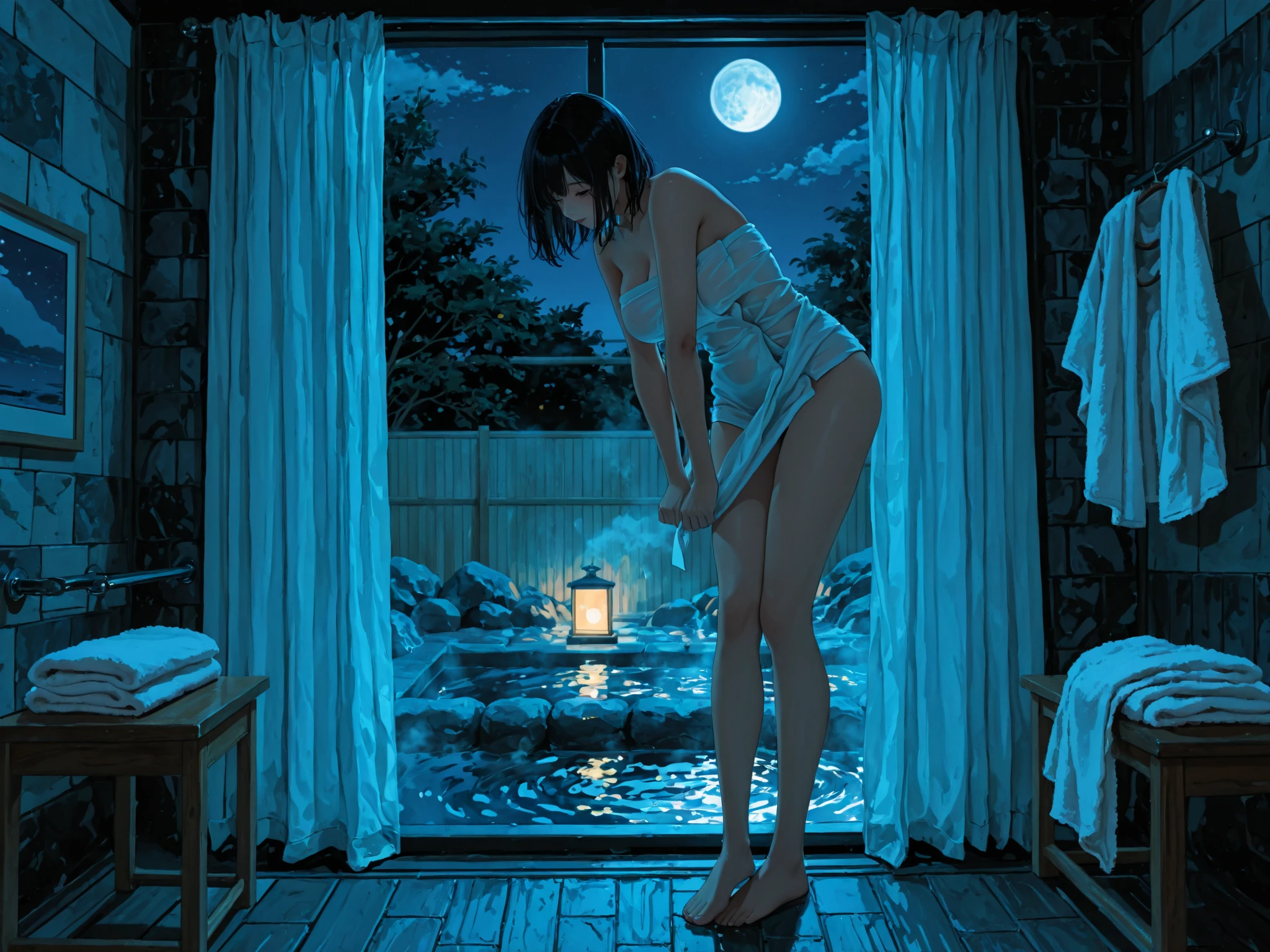 ,(((wrapping_bath_towel))),moonlight,stary_sky,onsen,night,steam,moon,red_hair,beautiful_hair,1_beautiful_girl,cute_face,beautiful,best_quality,good_anatomy, (art inspired by Bill Sienkiewicz). oil painting)