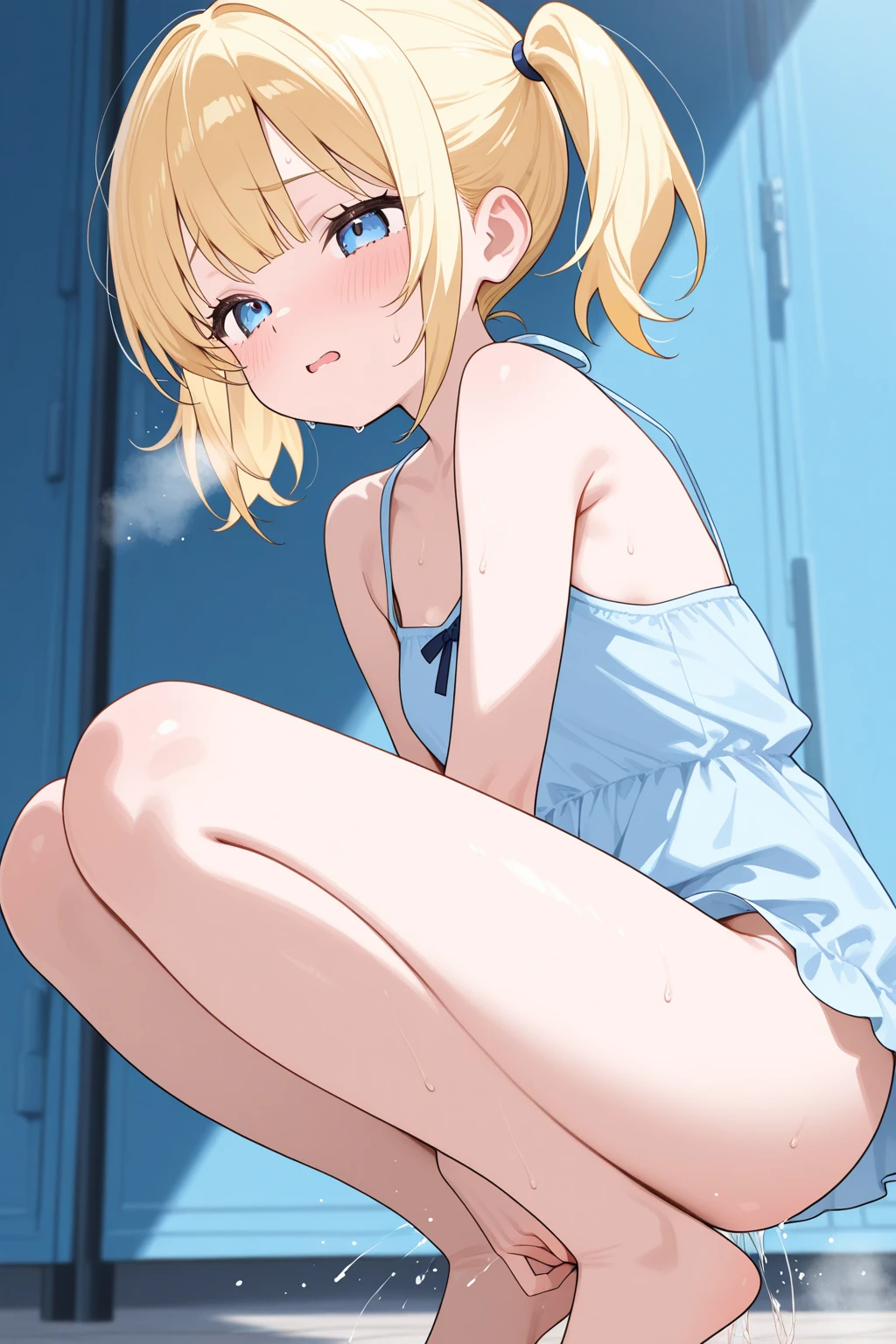NSFW,high resolution、highest quality、All limbs、Refers to the whole、Slender Beauty、1 person、blue sky、Outdoor、Medium Short Hair、((Messy Hair))、blonde、blue eyes、blue eyes、School Swimsuit、Blue knee-high、